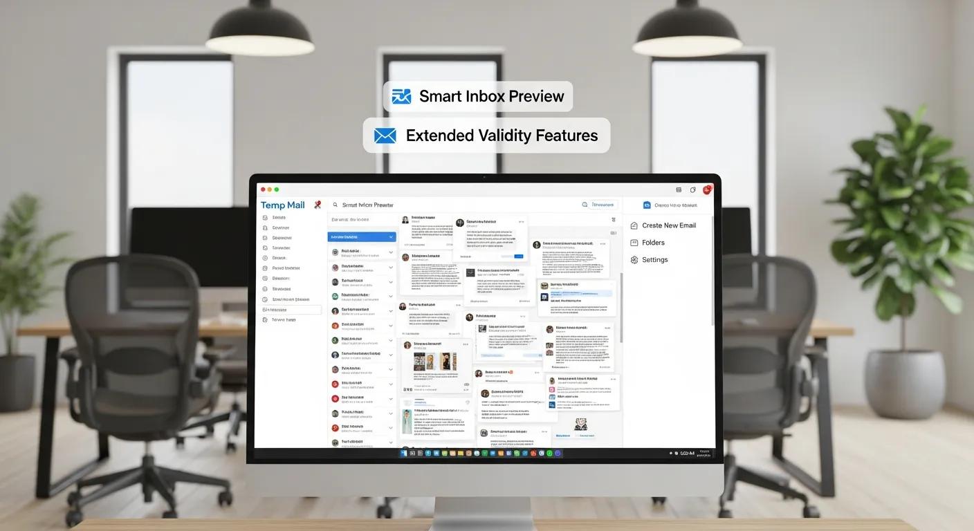 Computer screen showing Temp Mail’s Smart Inbox Preview and extended validity features in an office environment