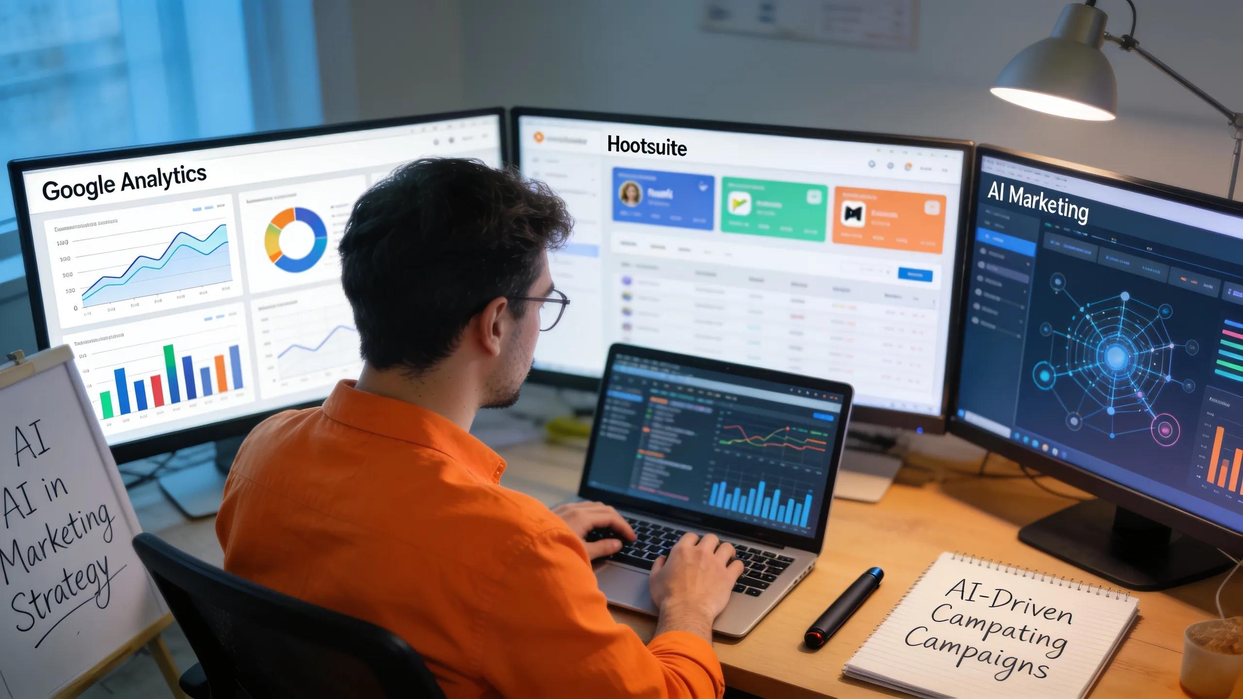 Digital marketing expert utilizing AI tools for effective marketing strategies at a creative workspace