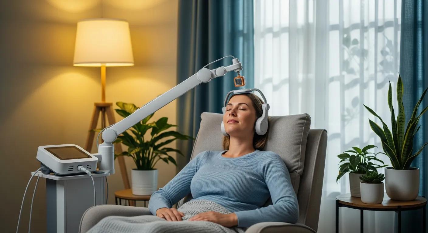 Patient relaxing during TMS therapy session, showcasing a calm and safe environment