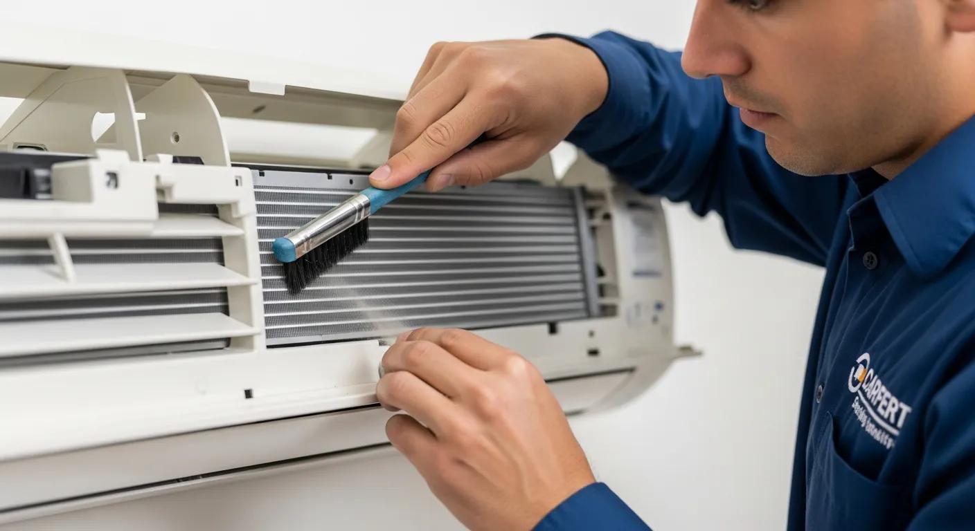 Technician gently brushing and inspecting mini split coils during maintenance Technician gently brushing and inspecting mini split coils during maintenance