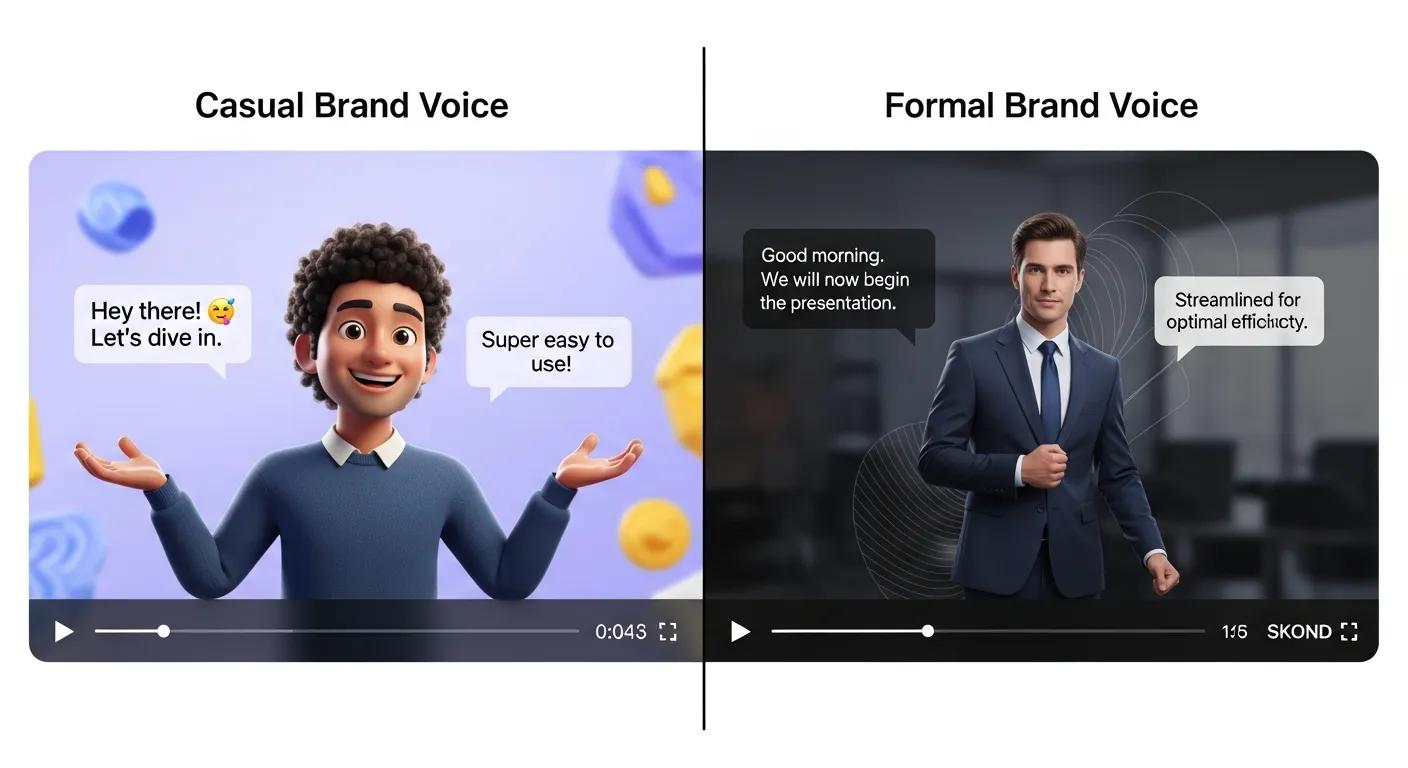 Split-screen comparison of casual and formal brand voice in AI video presentations AI avatar demonstrating Syllaby's tools for efficient content creation and personalization.