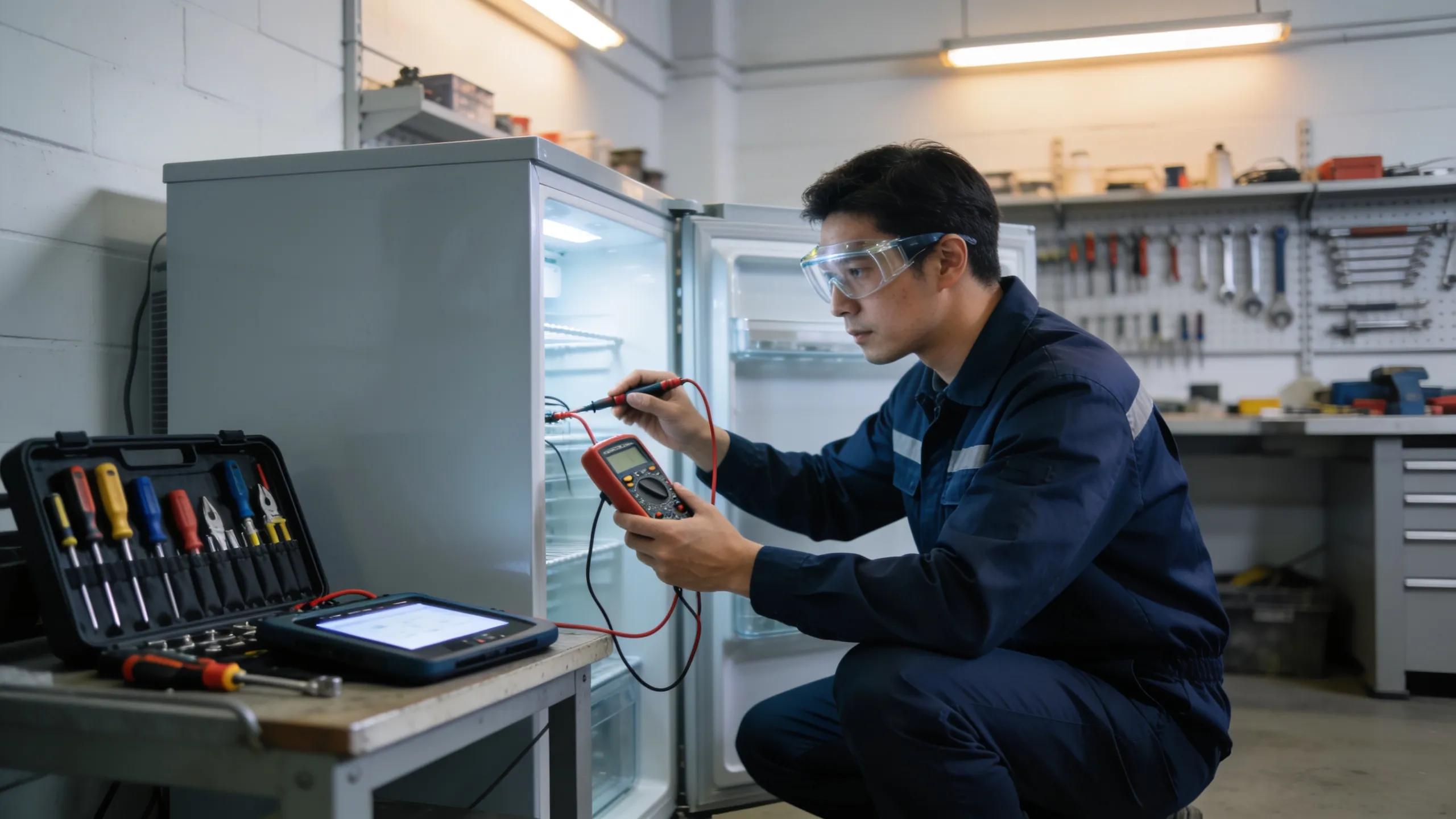 Certified refrigerator repair technician diagnosing a refrigerator in a professional workshop setting