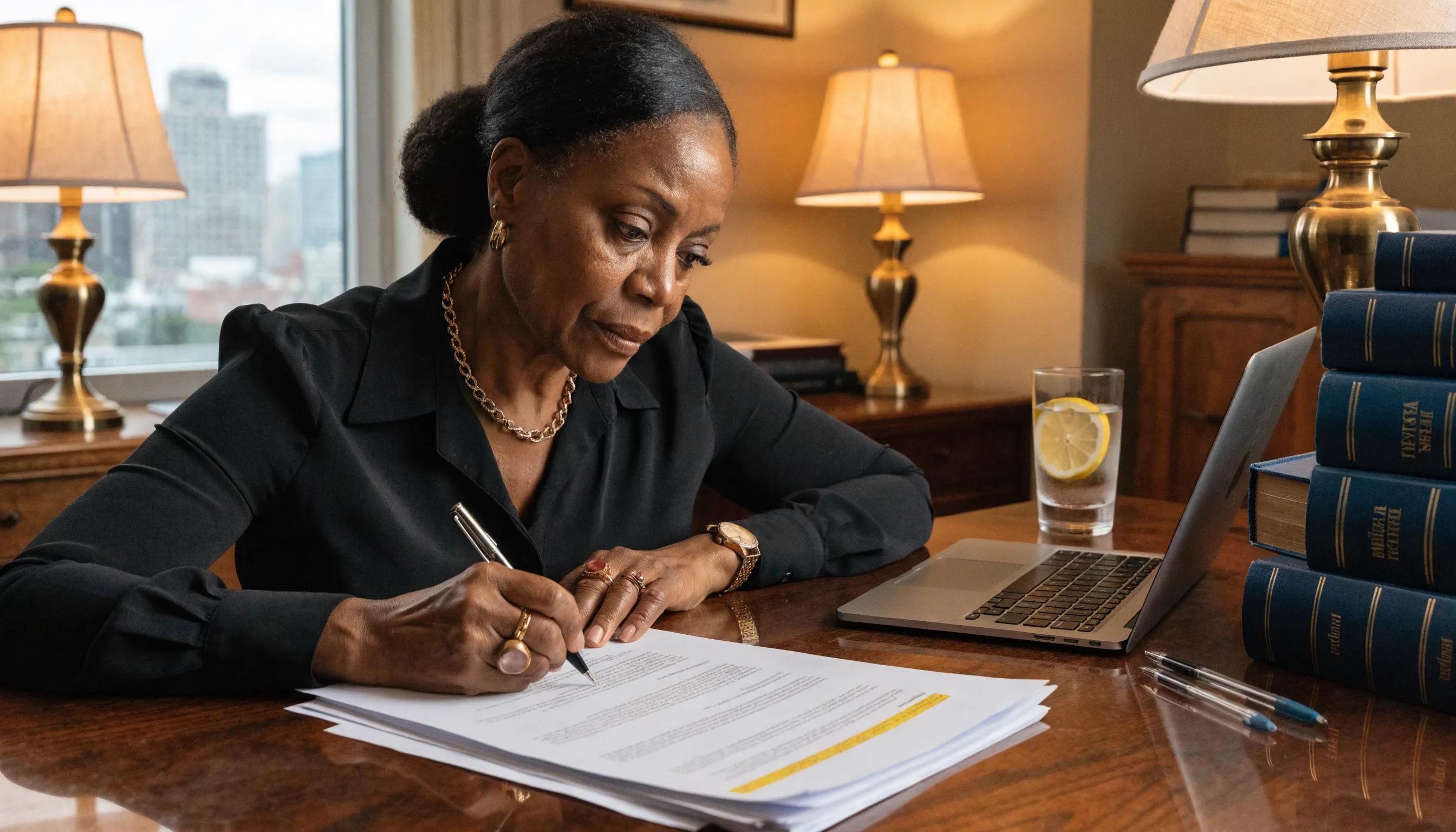 HOA manager preparing legal documents and managing regulatory compliance in a professional office setting.