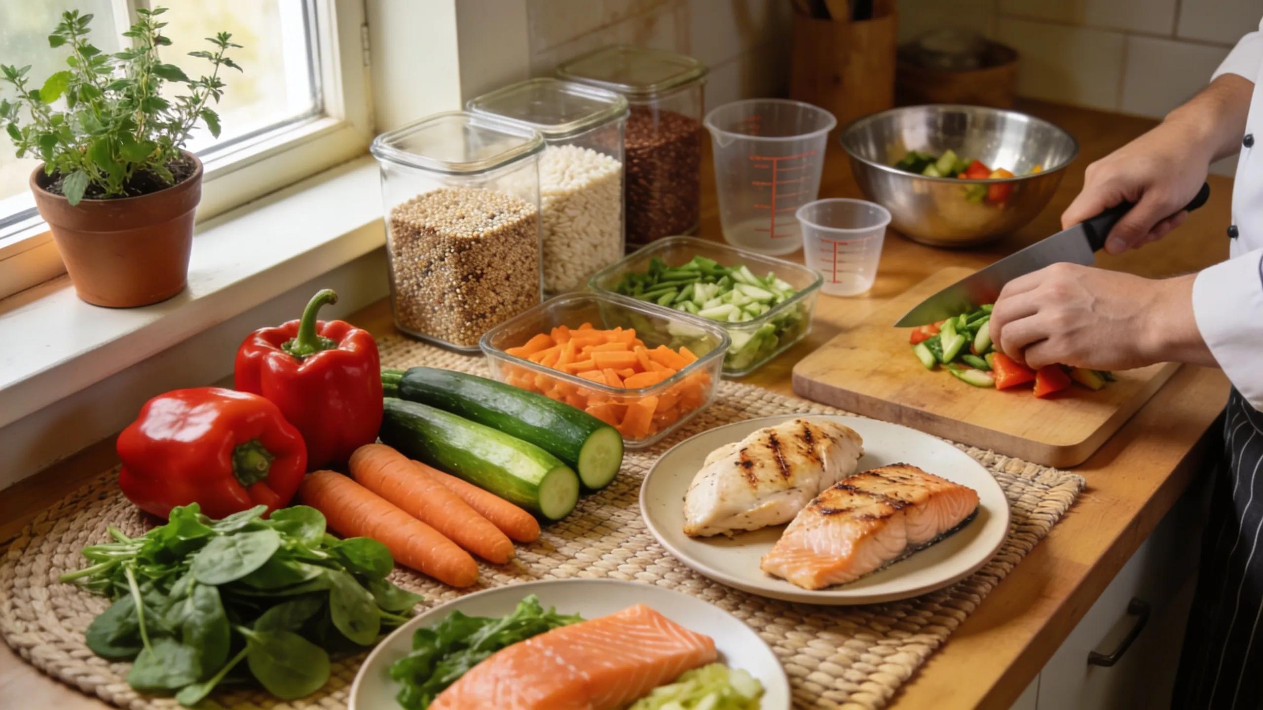 Colorful array of healthy meal prep ingredients promoting fitness nutrition