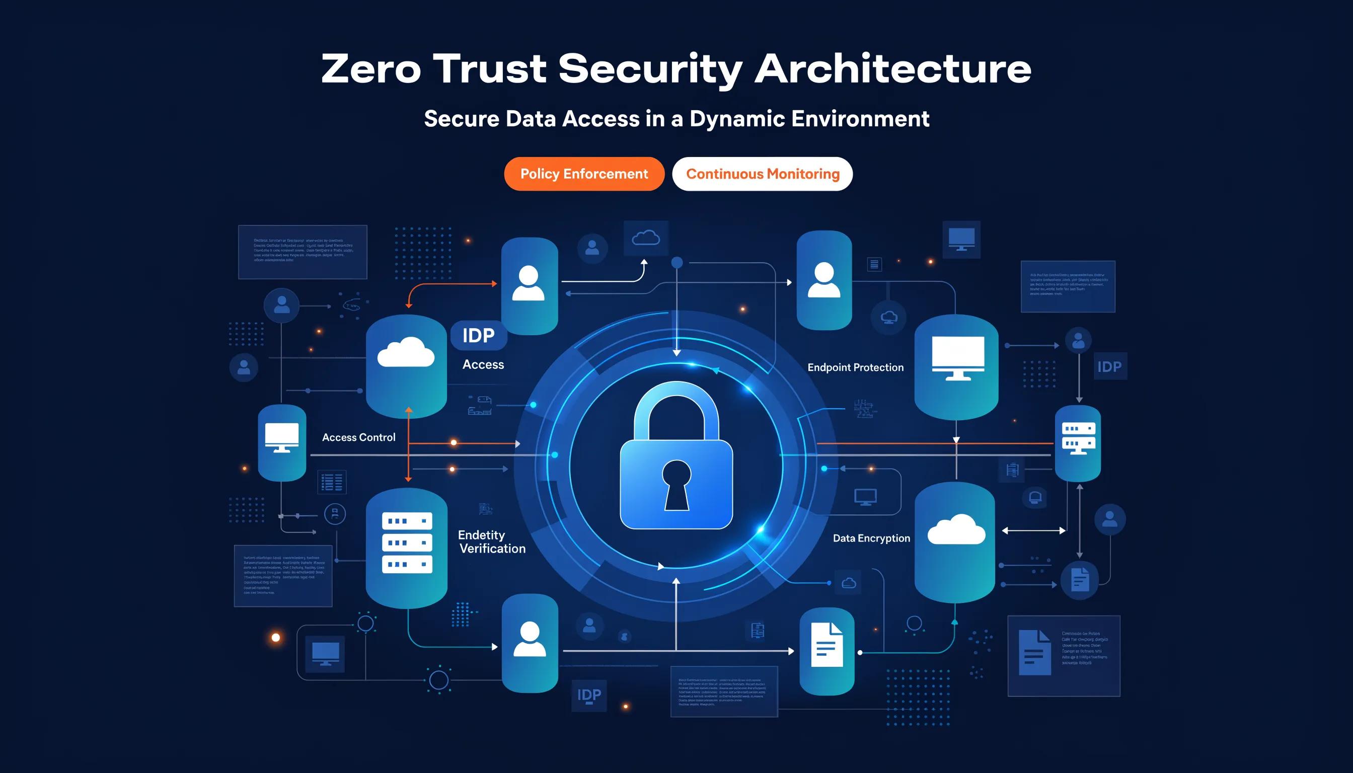 Zero trust security model illustration with a digital lock and network diagram elements