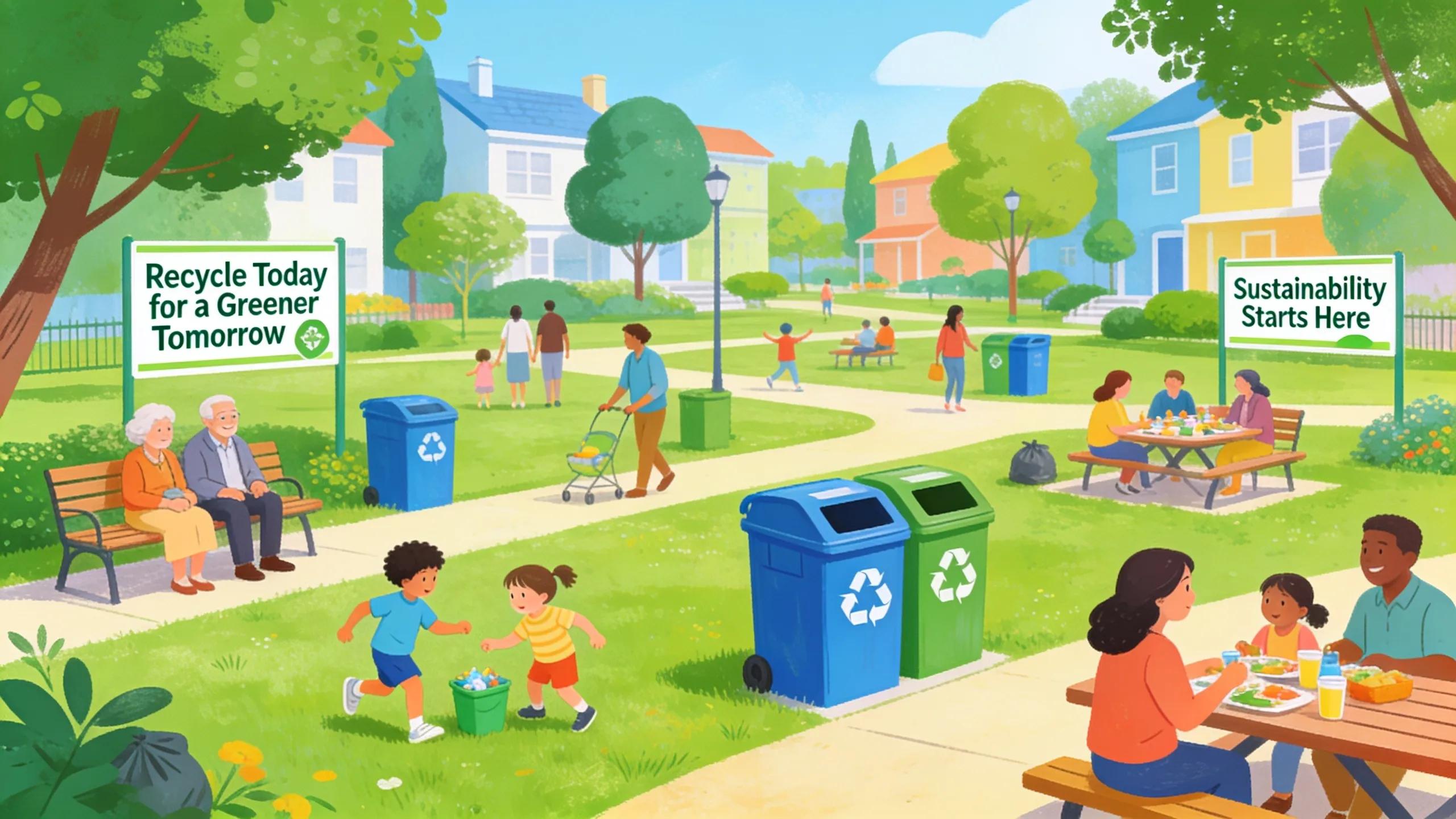 Community park showcasing the benefits of recycling with happy residents in a clean environment