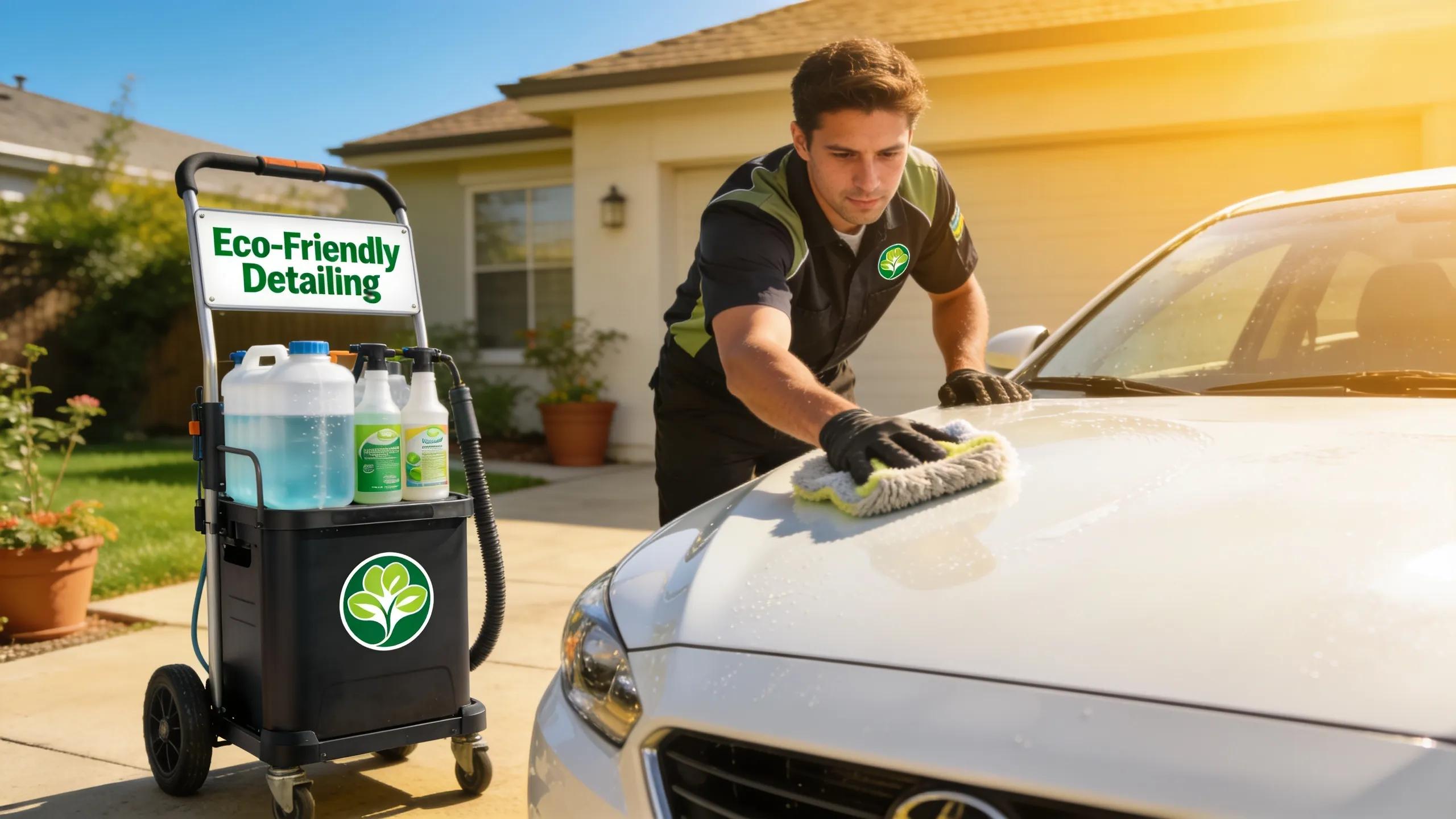 Mobile car detailing service with a technician cleaning a car in a driveway