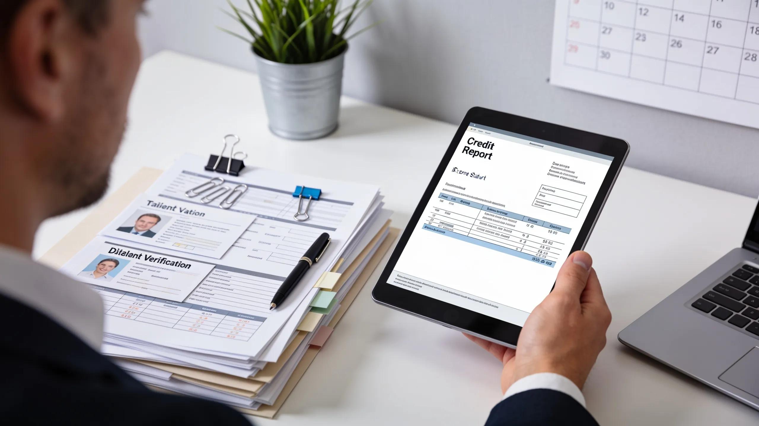 Landlord checking tenant credit report on a digital device with organized documents