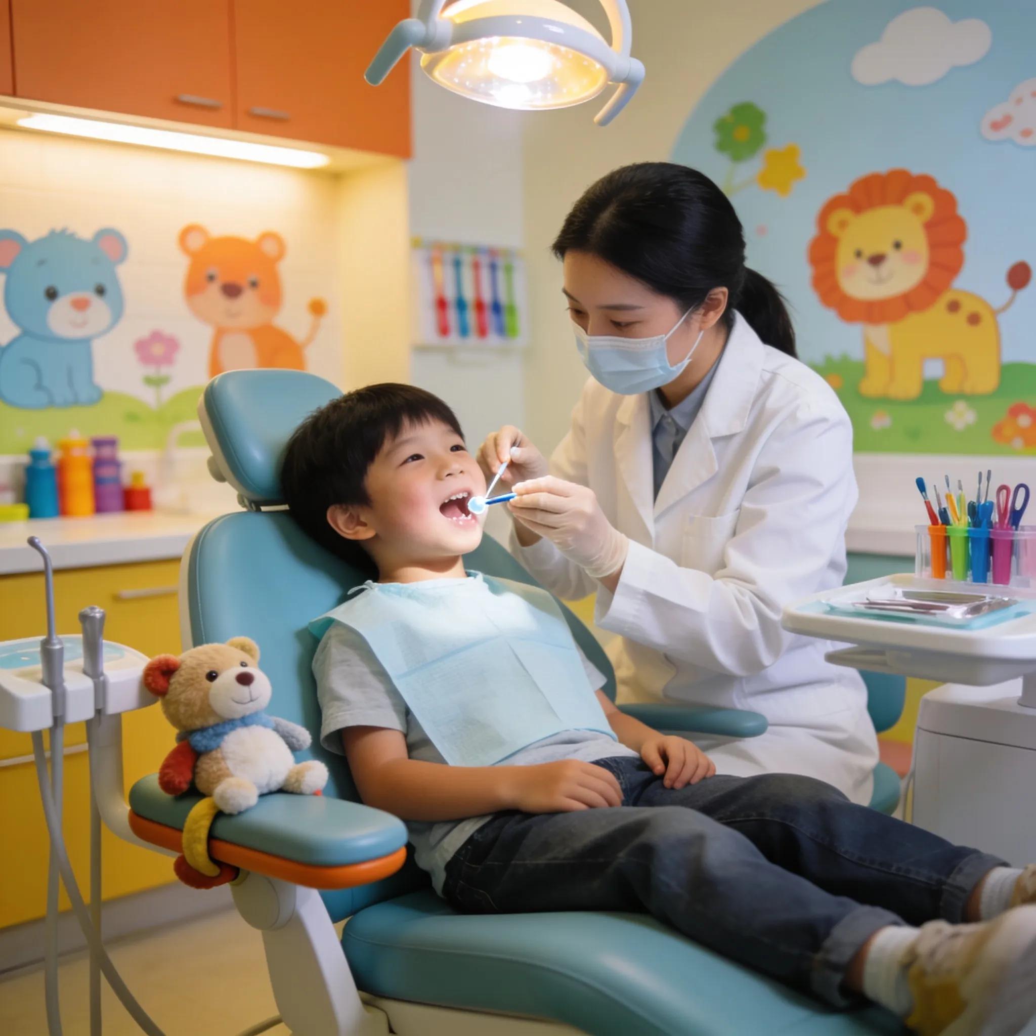 Child receiving dental sealant application from a hygienist in a pediatric dental office