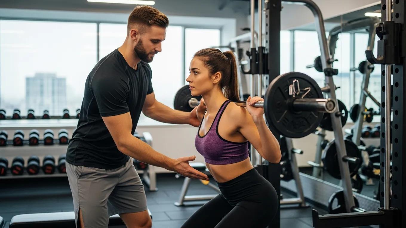 Personal trainer correcting client's form to prevent injuries during strength training