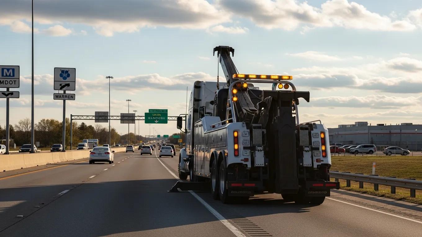 Commercial towing truck assisting a heavy-duty vehicle in Warren, MI