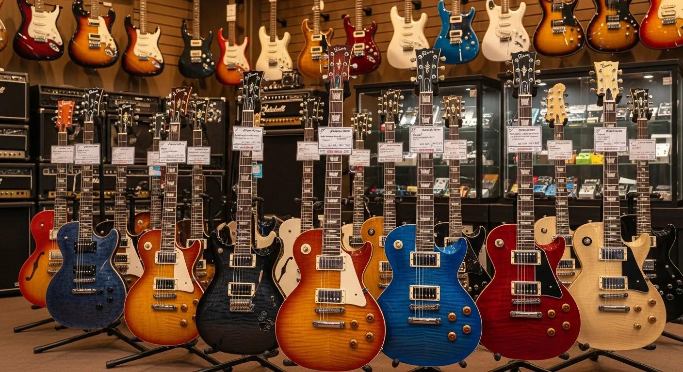 Diverse selection of electric guitars in a music store, showcasing top brands