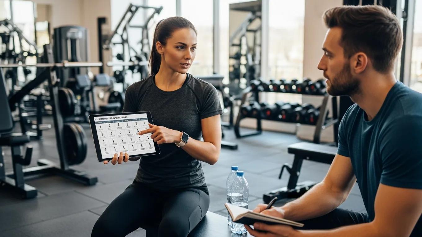 Personal trainer explaining a customized muscle gain training program to a client