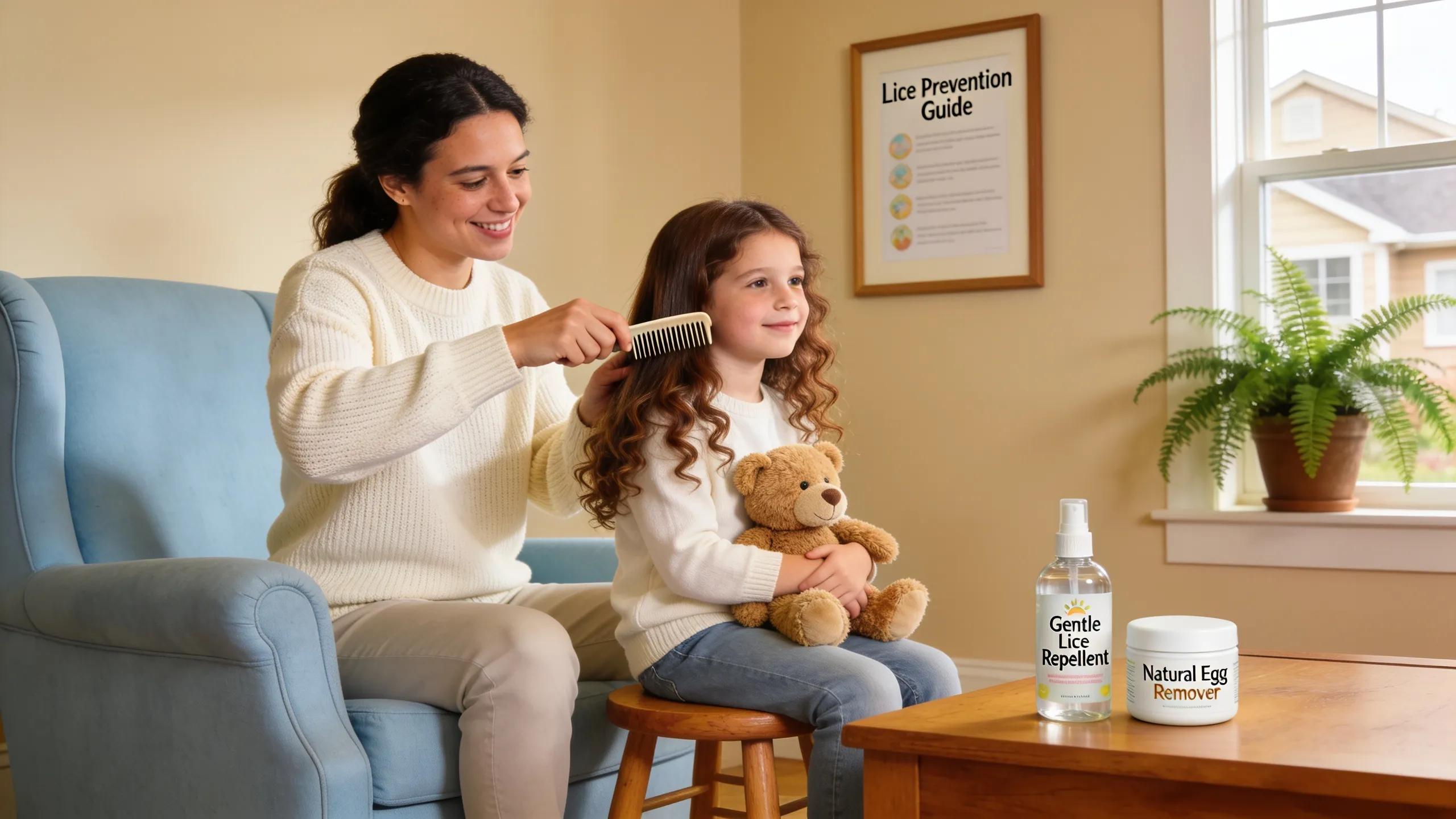 Parent performing a lice check on a child at home using safe, non-toxic treatment methods in a suburban Atlanta setting Parent performing a lice check on a child at home using safe, non-toxic treatment methods in a suburban Atlanta setting