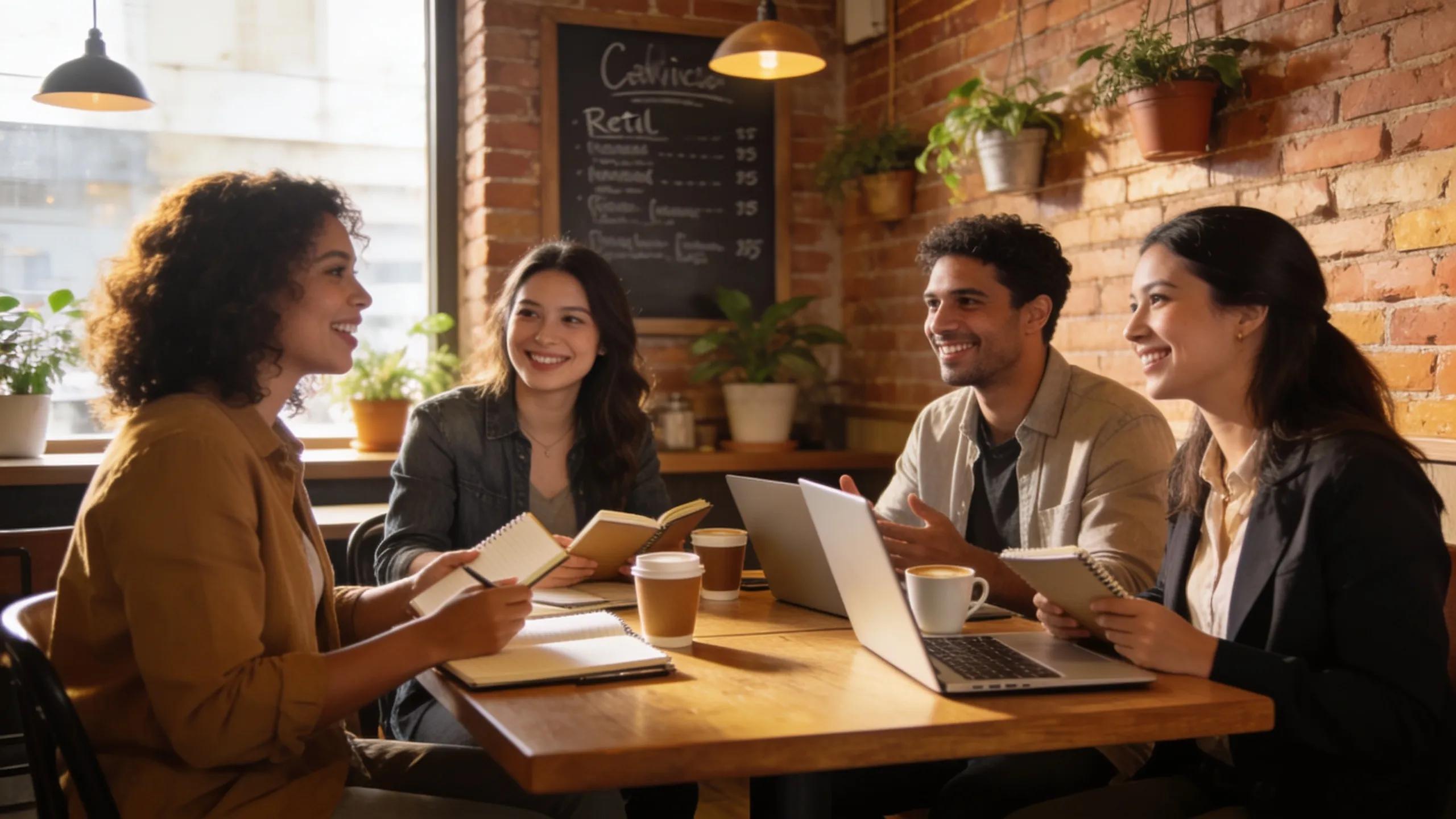 Diverse small business owners meeting at a local coffee shop to discuss financing
