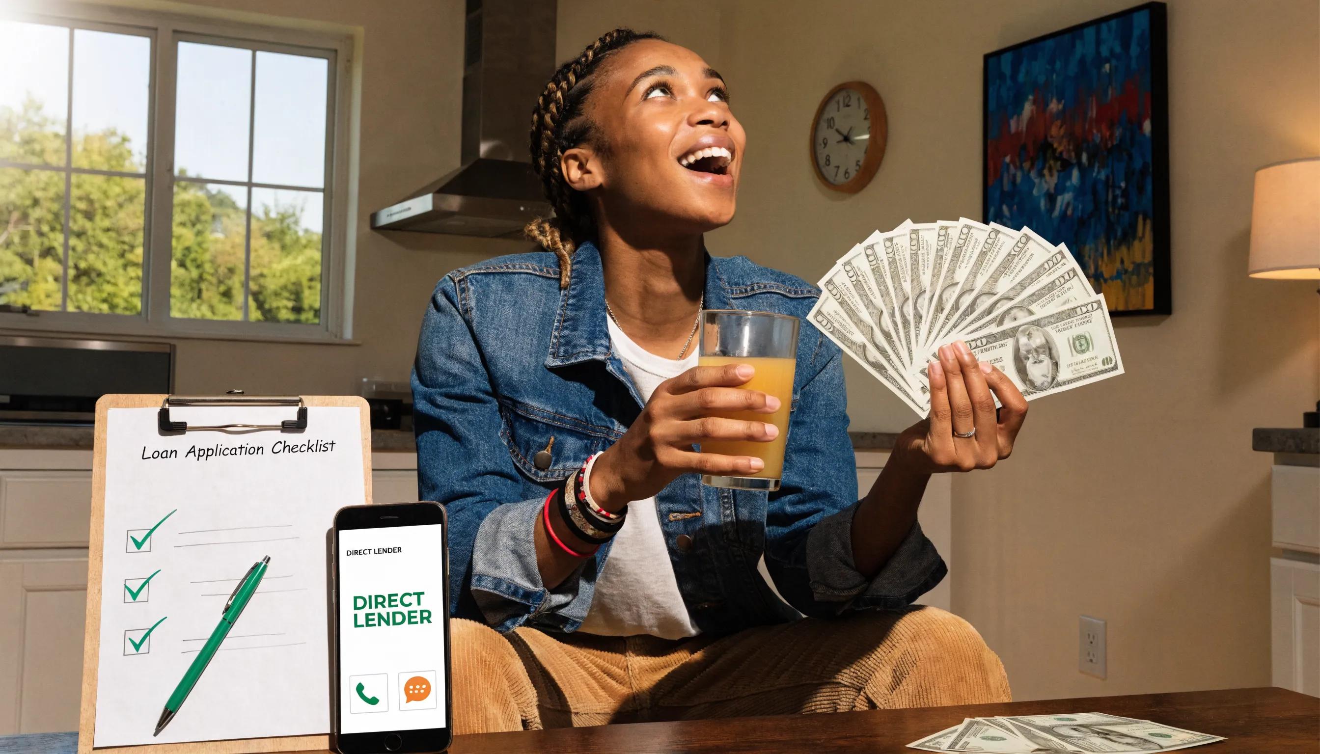Borrower embracing the benefits of direct lender payday loans with cash, speed, and support
