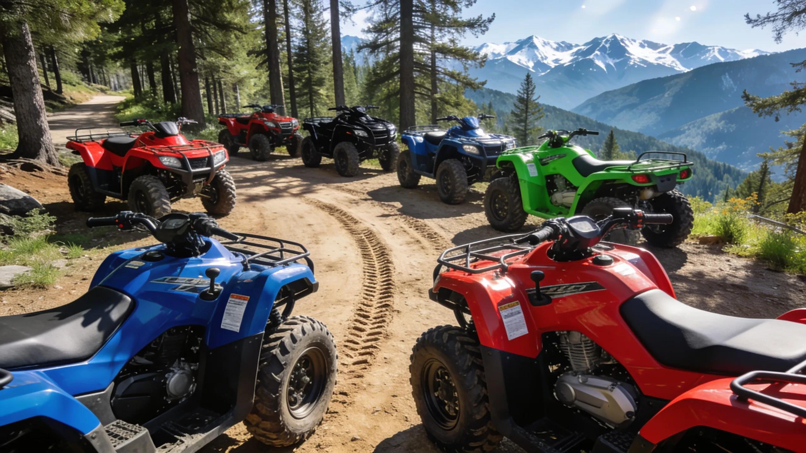 Various all-terrain vehicles parked on a scenic trail, showcasing different models and colors for potential buyers.