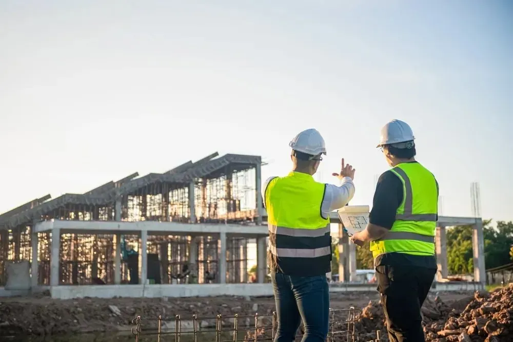 Construction site in NYC with builders reviewing plans and conducting inspections
