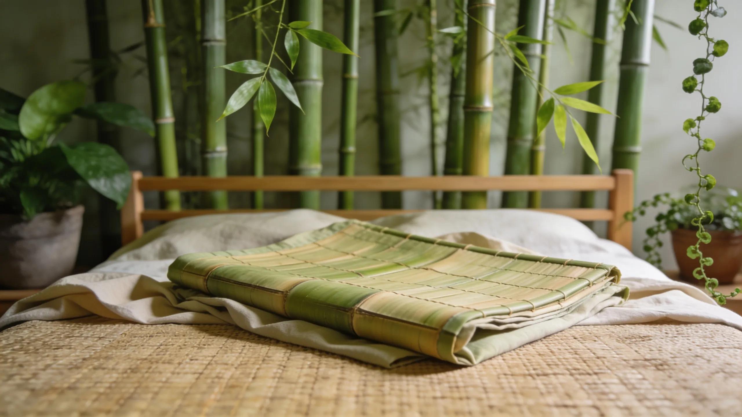 Eco-friendly bamboo bedding with bamboo stalks illustrating sustainability