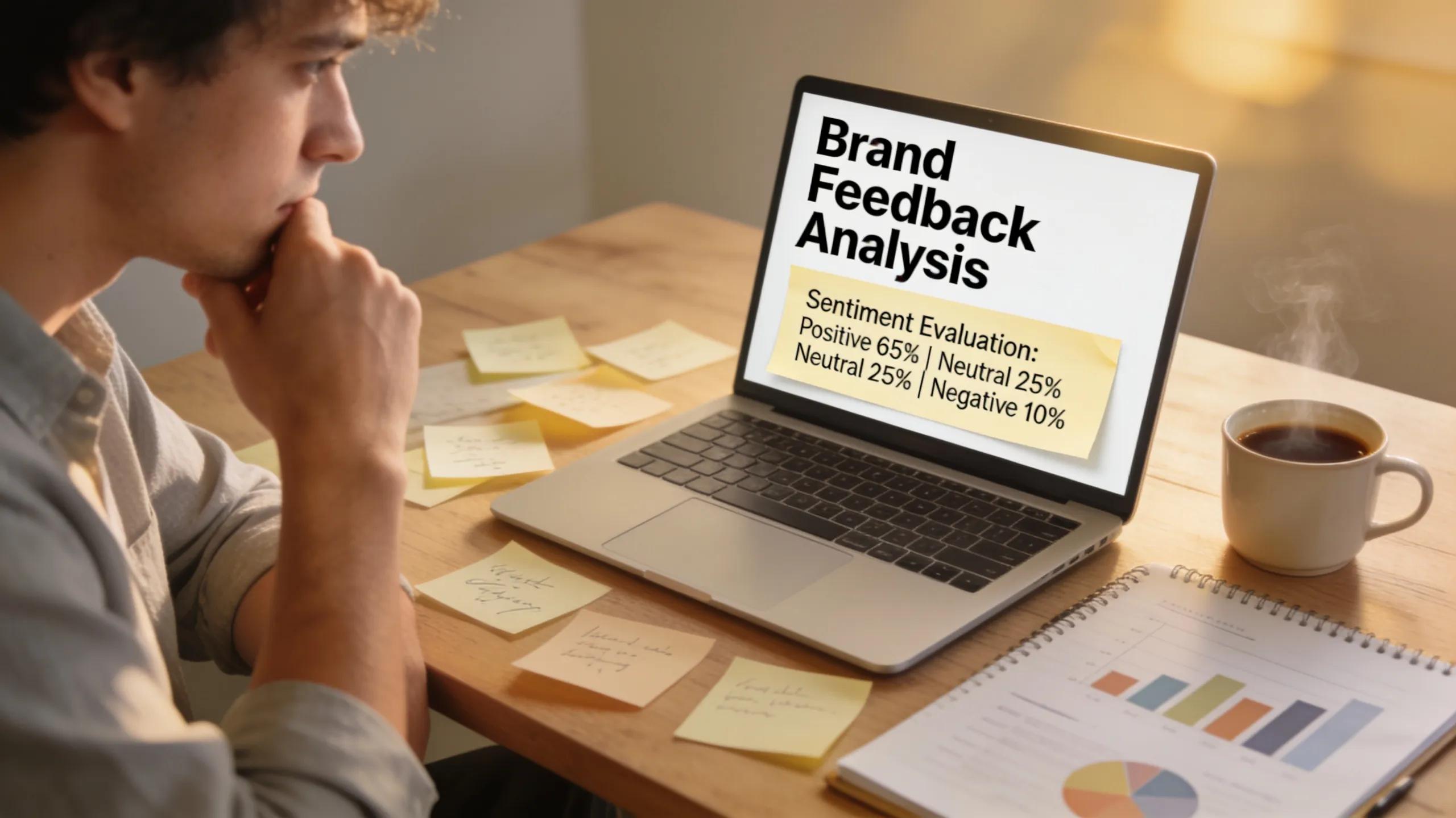 Professional evaluating brand sentiment using digital feedback in a serene workspace