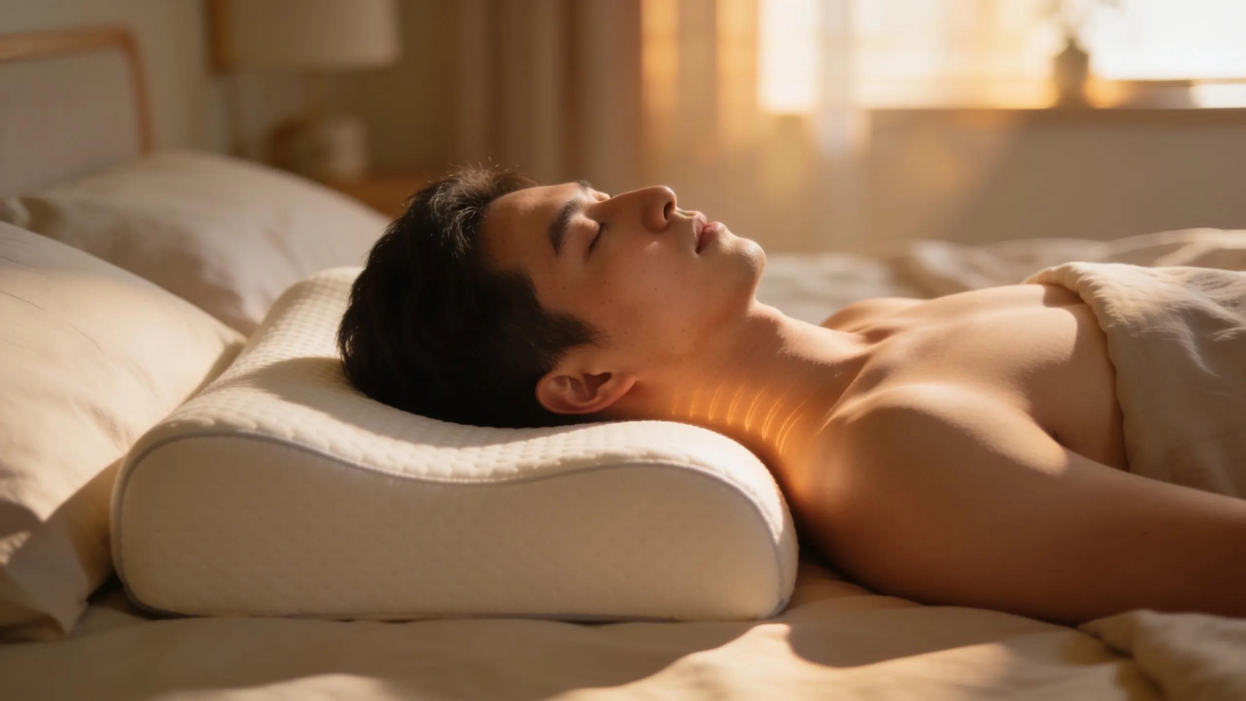 Side sleeper demonstrating proper neck alignment on a firm ergonomic pillow