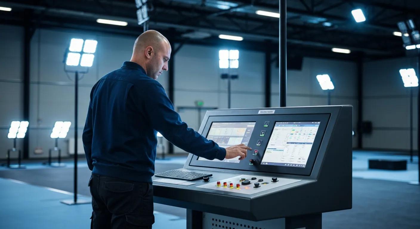 Technician operating a smart lighting control panel for LED sports lighting