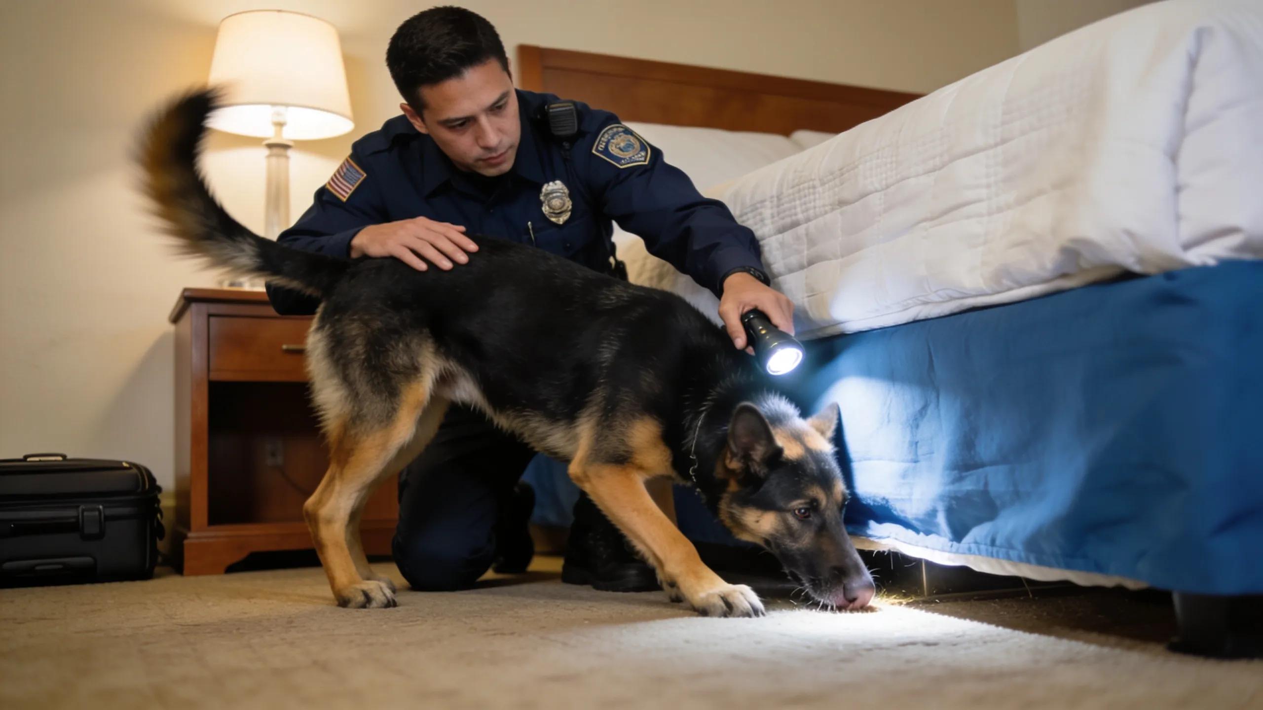 Handler guiding a K9 during a bed bug inspection in a hotel