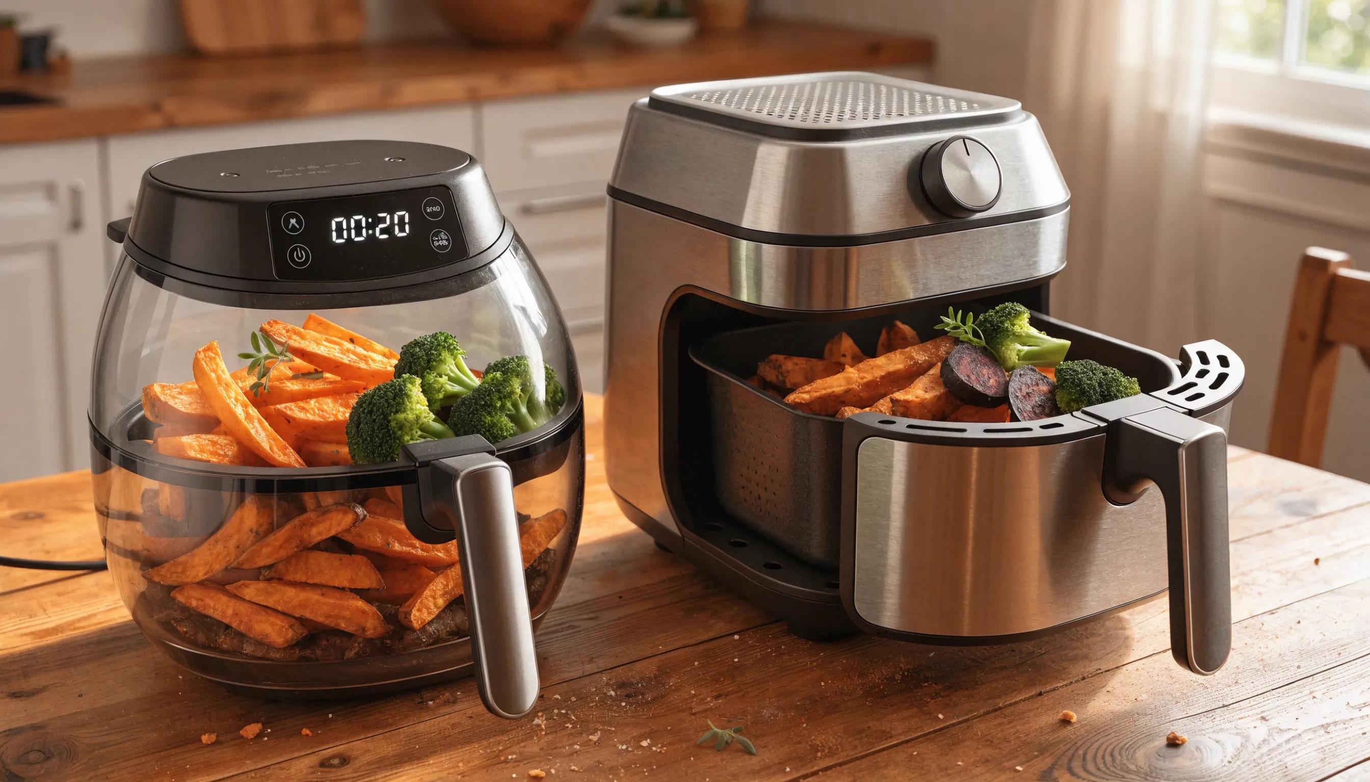 Comparison of glass air fryer and metal air fryer with healthy meals, showcasing cooking differences