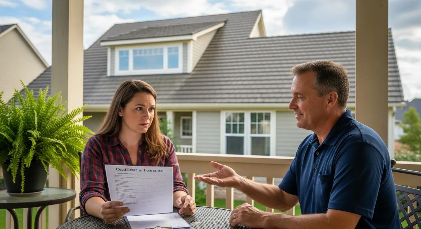 Homeowner discussing roofing contractor insurance with a contractor