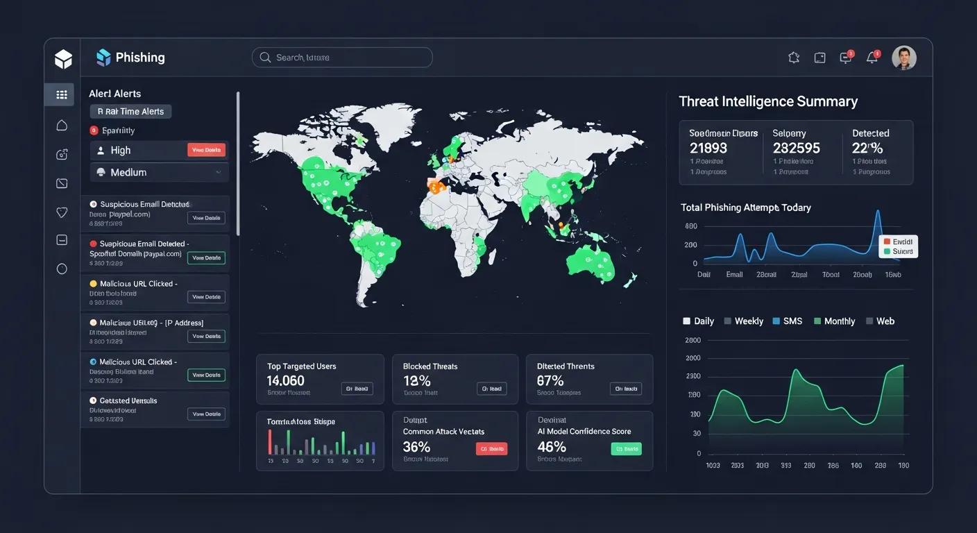 Dashboard showing AI-powered phishing detection with alerts and trend graphs
