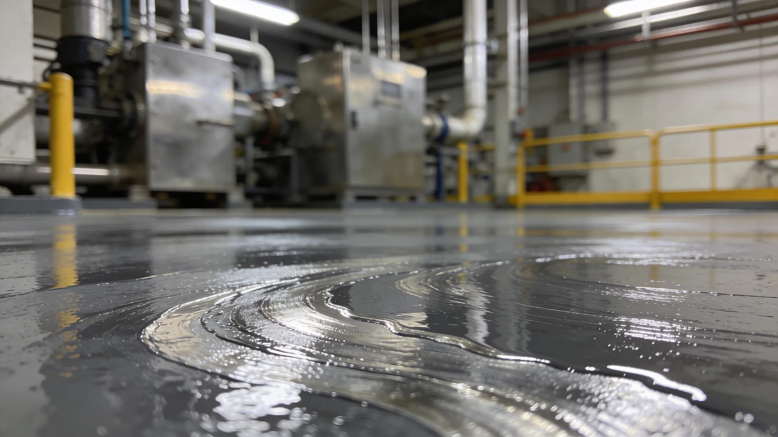 Close-up of durable resinous epoxy flooring in an industrial environment emphasizing its seamless and chemical-resistant properties