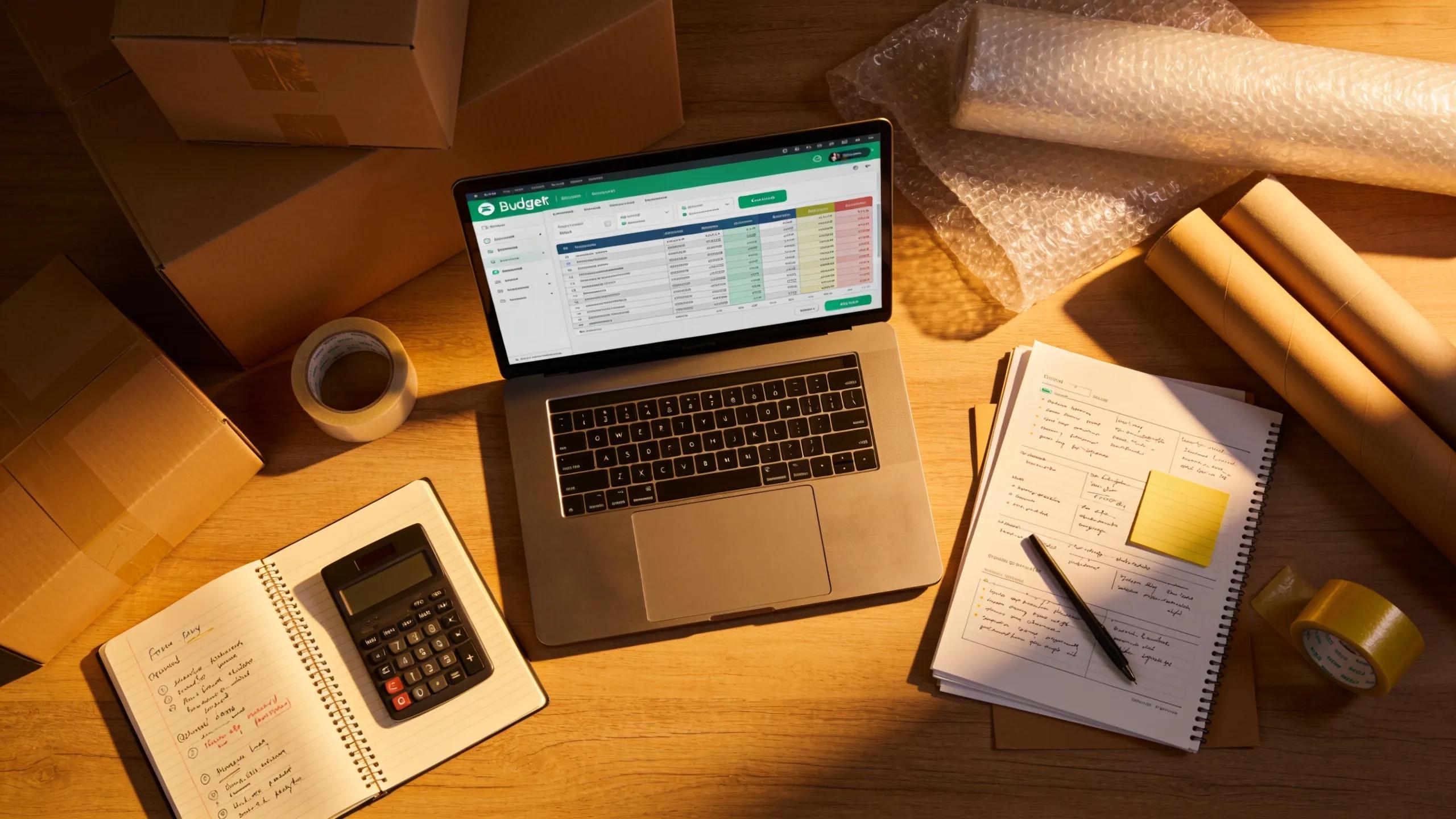 Overhead view of a workspace showing budgeting for moving expenses, with a laptop and packing supplies