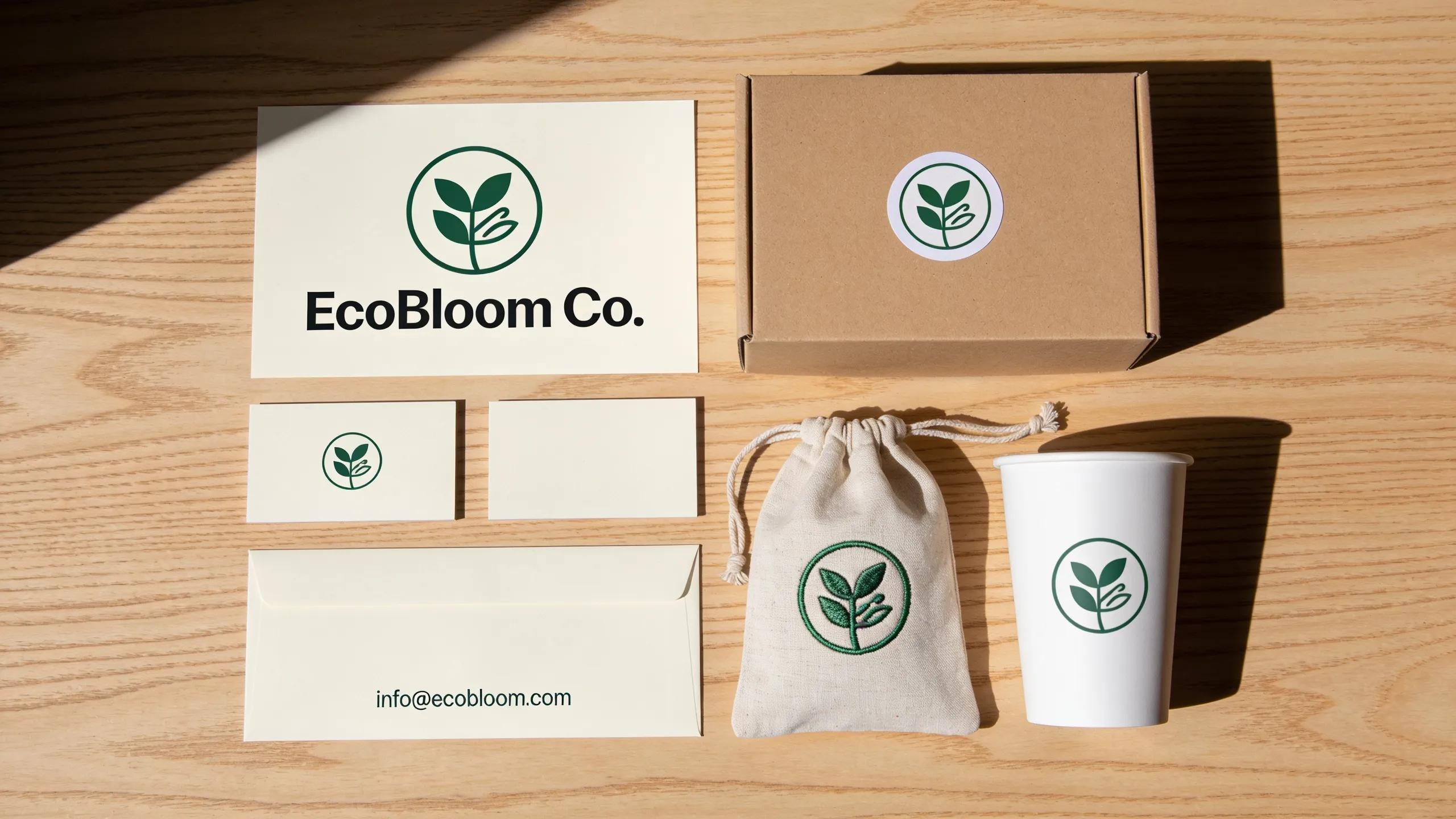 EcoBloom Co. branding materials and packaging showcasing visual redesign and refreshed messaging.