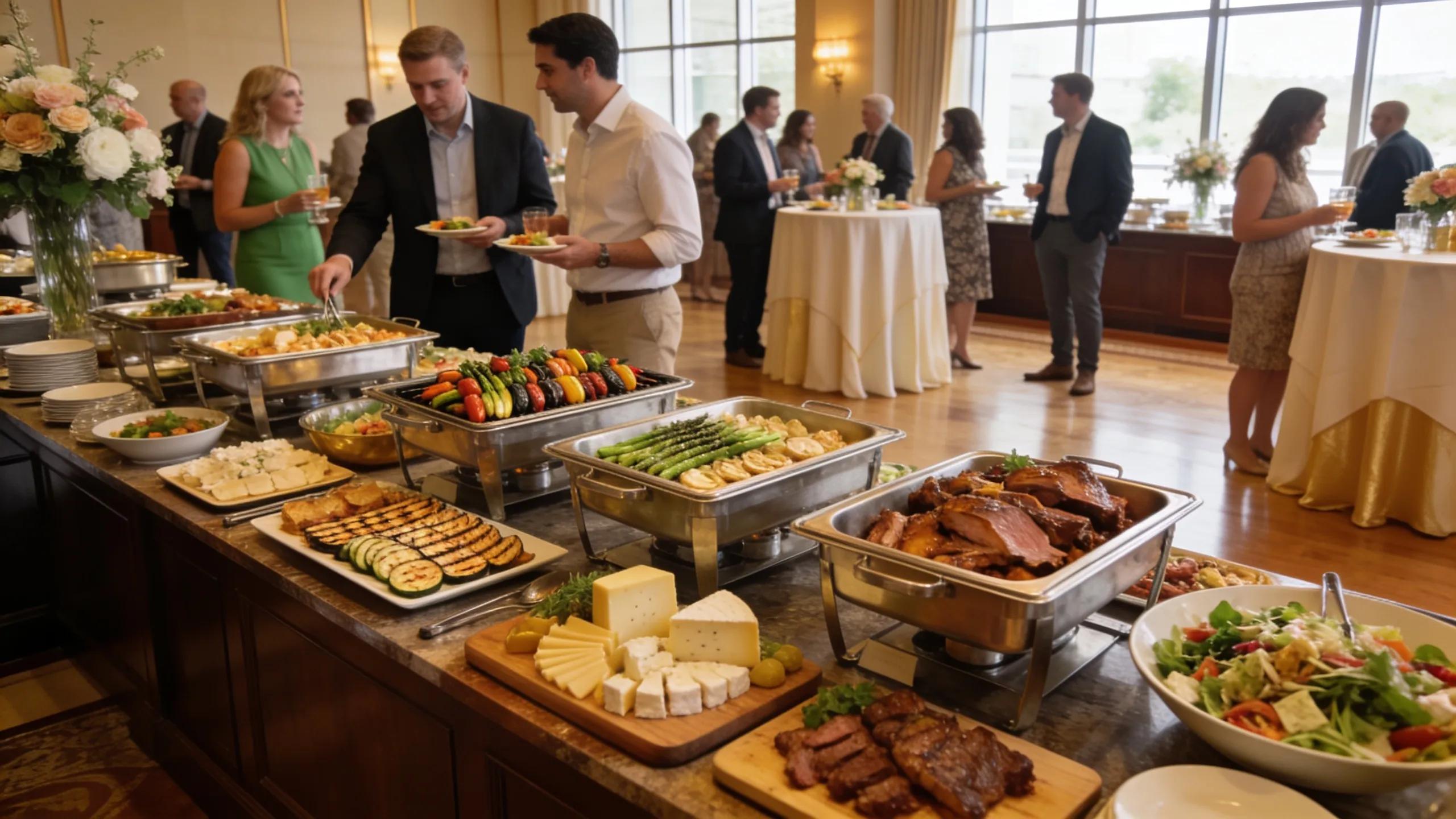 Elegant corporate catering setup showcasing a variety of fresh local dishes for attendees at a Palm Beach event