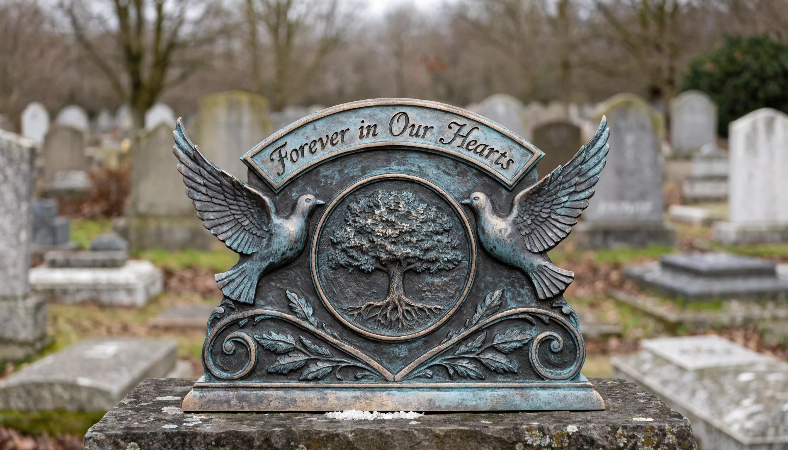 Close-up of a custom bronze plaque with personal inscriptions and symbolic imagery