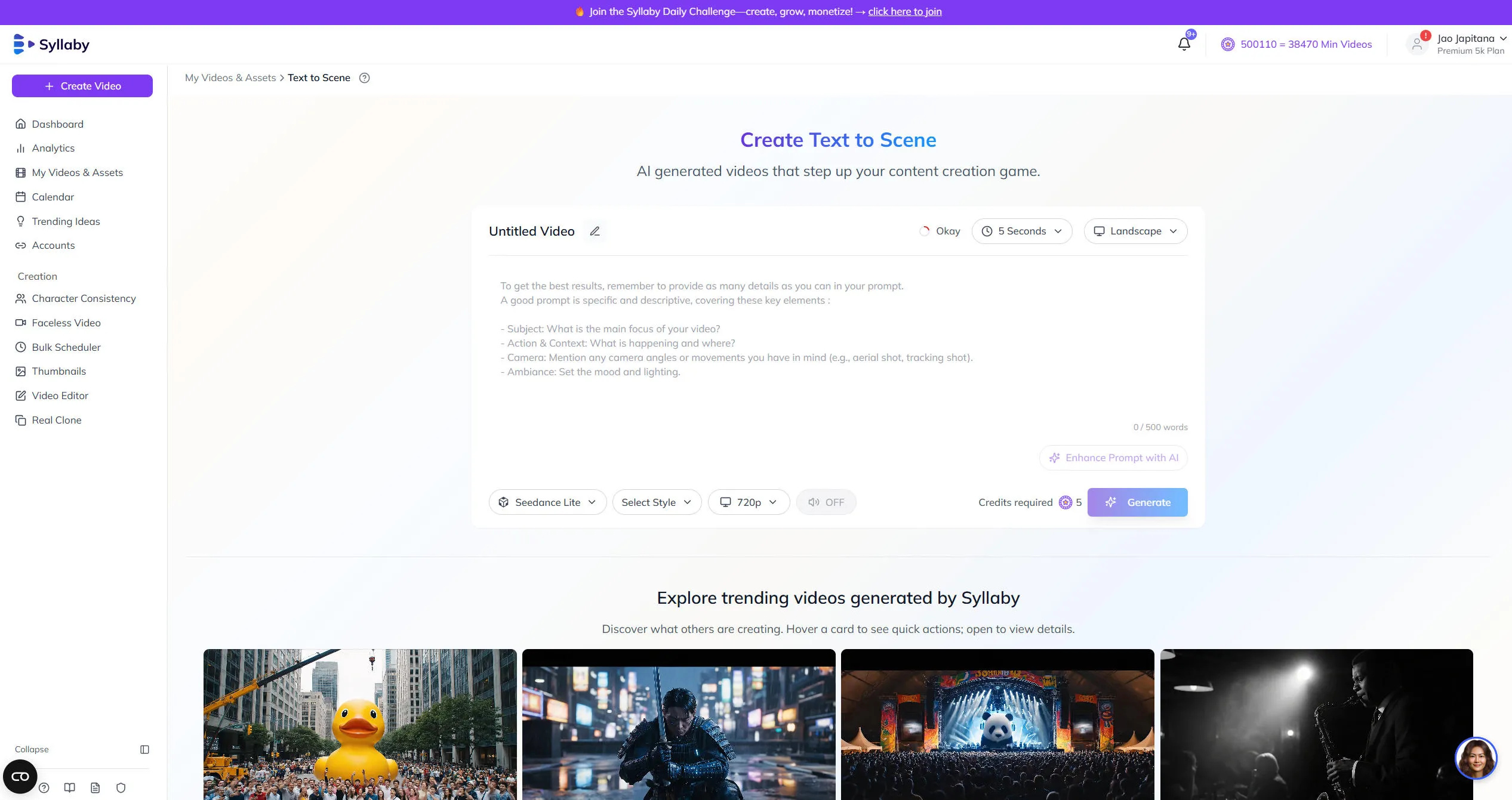 User inputting text prompts with generated video scenes on display User inputting text prompts with generated video scenes on display