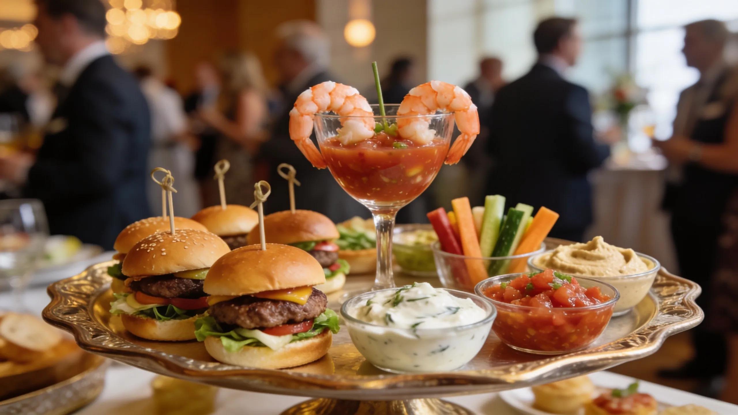 A vibrant assortment of appetizer types displayed for a corporate event, showcasing regional flavors and variety