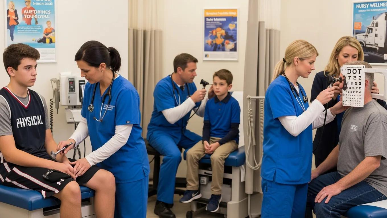 Healthcare professionals performing various types of physical exams including Sports, School, and DOT physicals