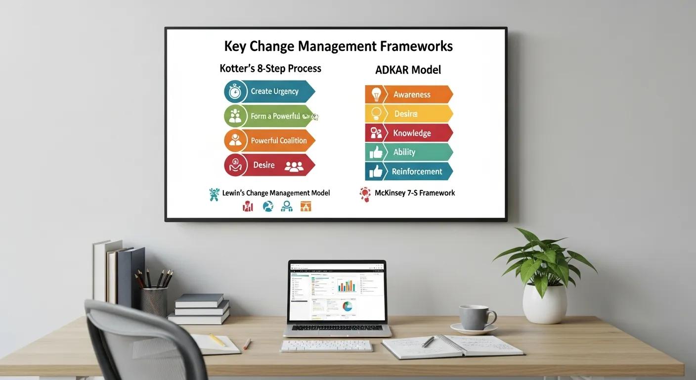 Visual chart displaying key change management frameworks, including Kotter’s 8-Step Process and ADKAR Model, in an office setting.