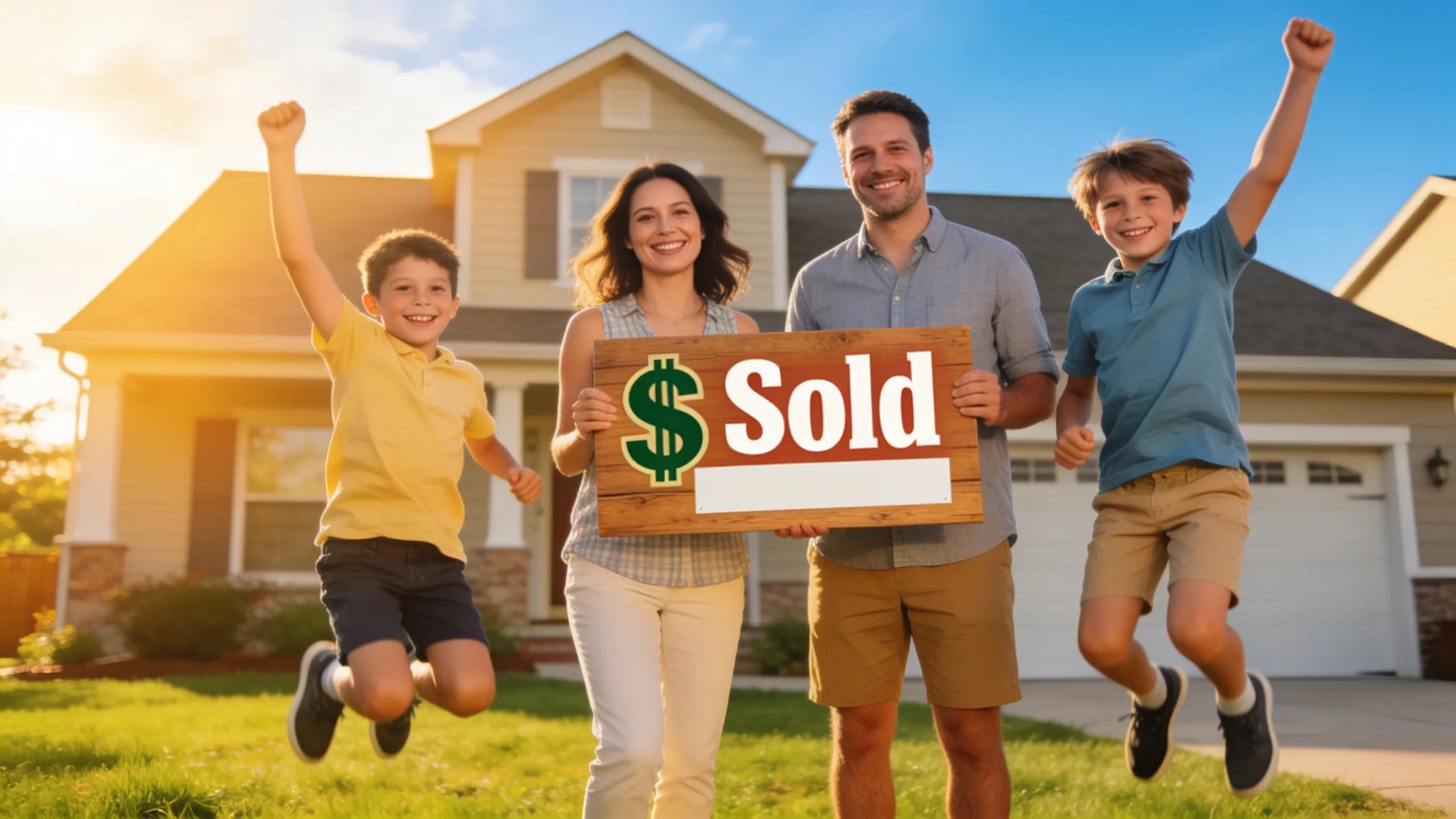 Happy family celebrating after selling their home as-is for cash