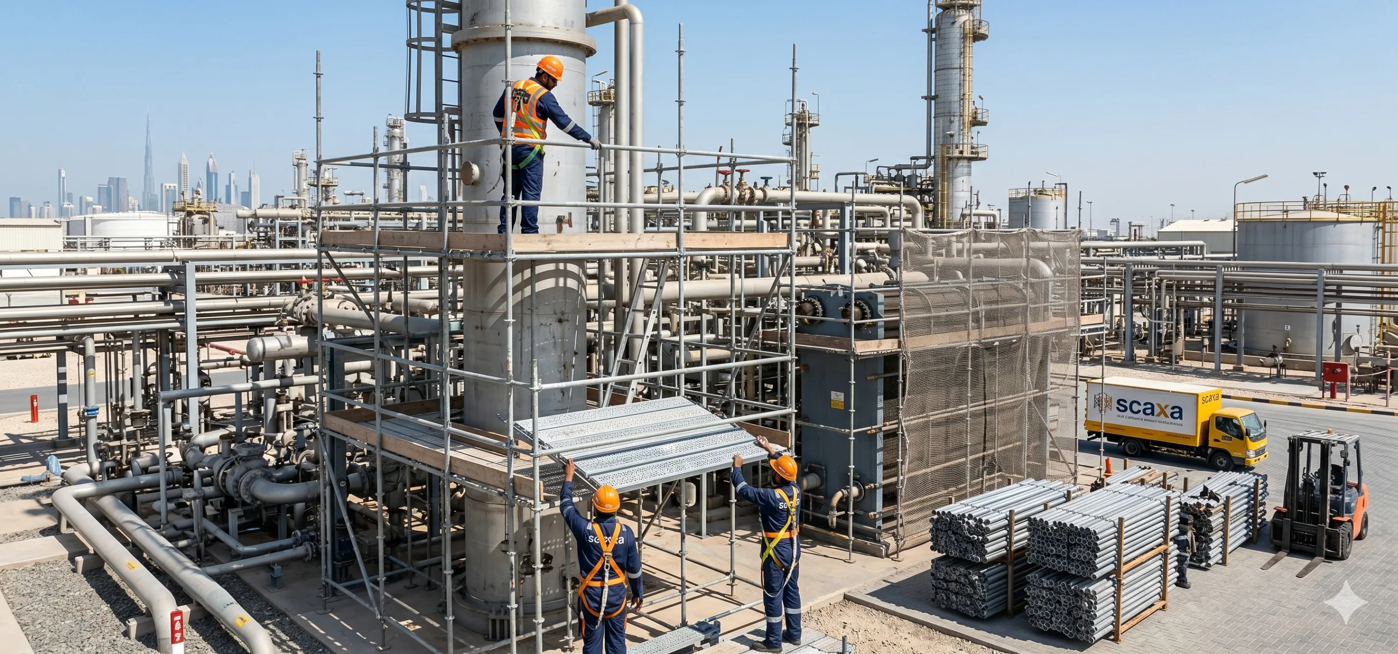 Construction site in Abu Dhabi with diverse scaffolding types in use, underscoring key features of scaffolding rental services