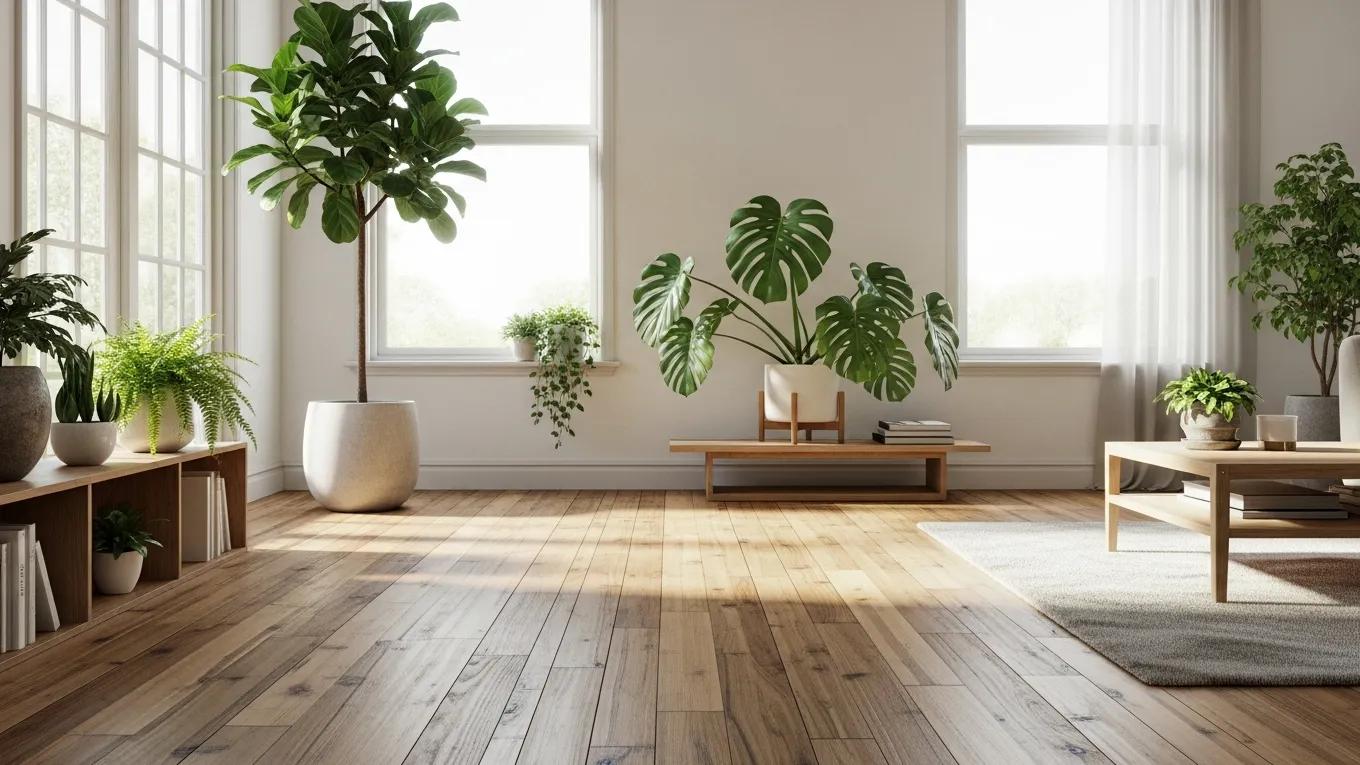 Serene interior with biophilic wood flooring and plants