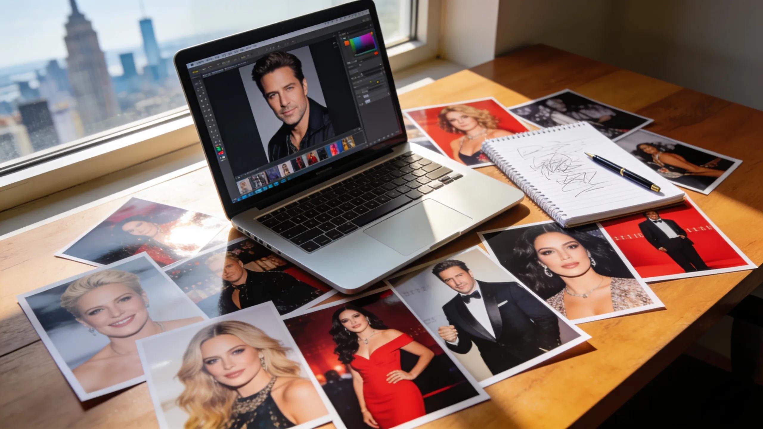 Assortment of celebrity photographs on a desk, representing photo licensing options for publishers