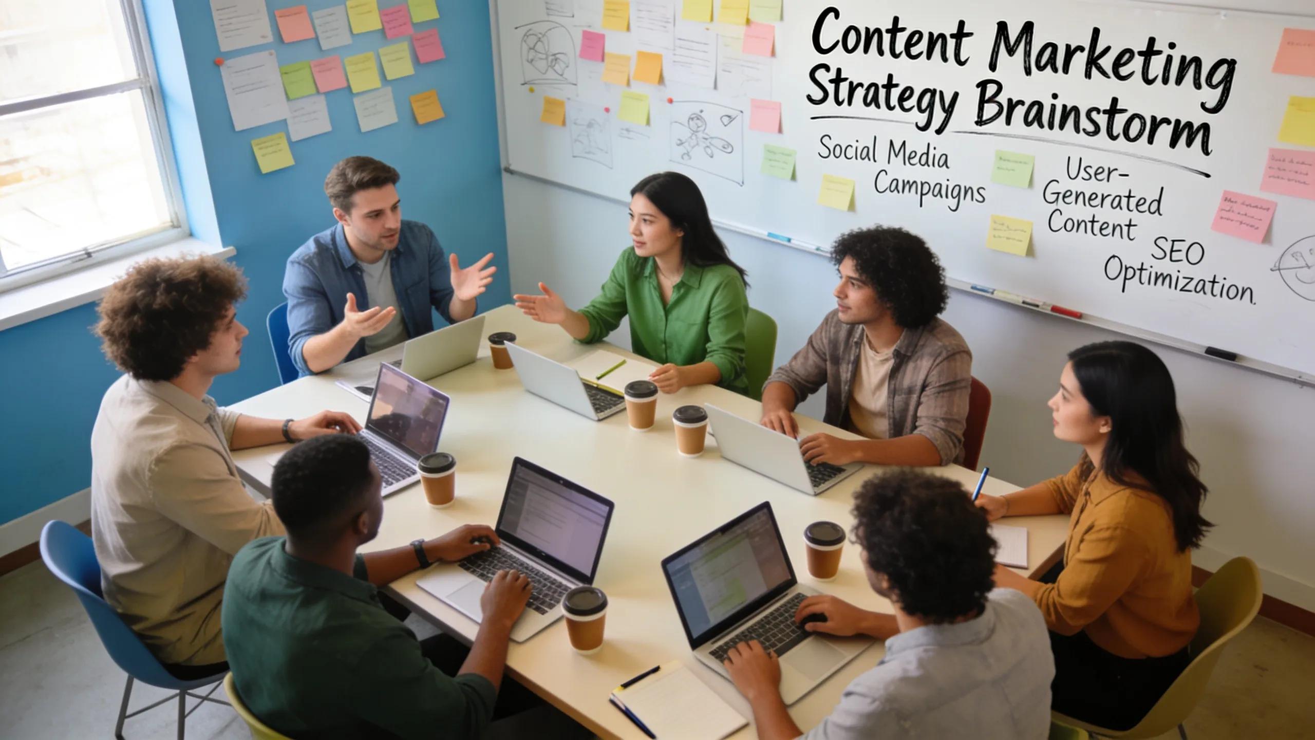 Small business team collaborating on content marketing strategies with laptops and creative materials