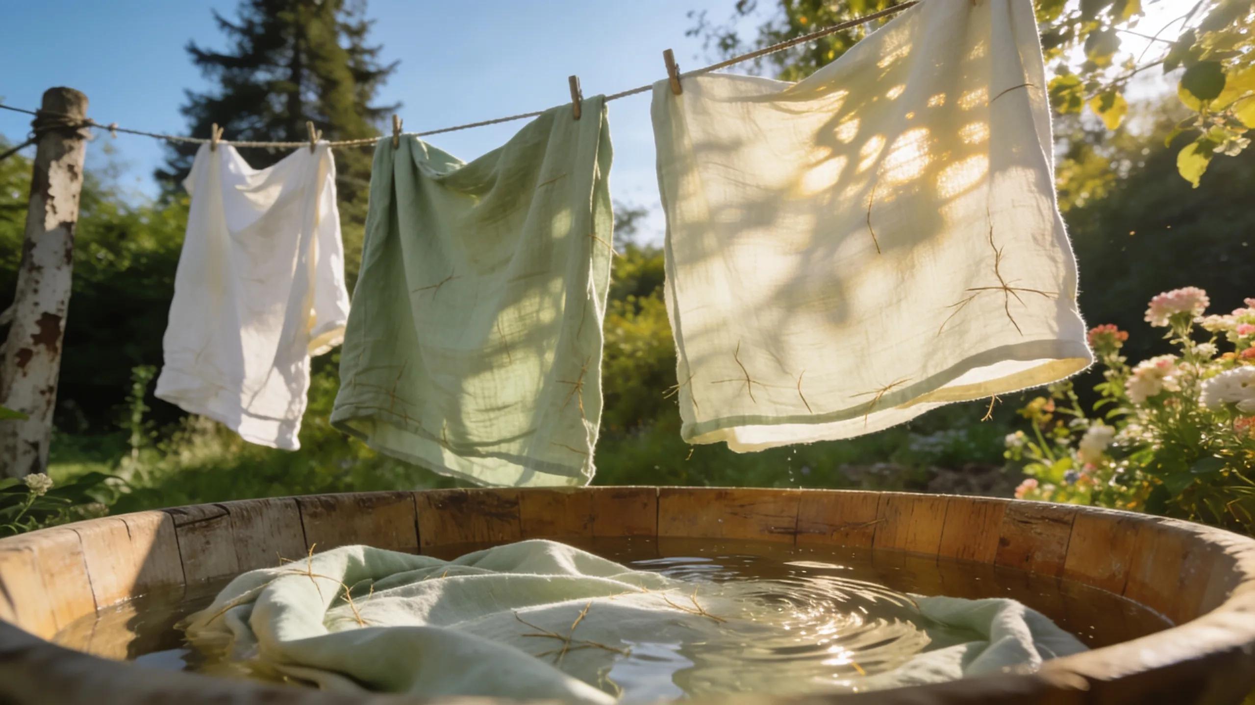 Linen fitted sheets being washed and air-dried in a natural outdoor setting