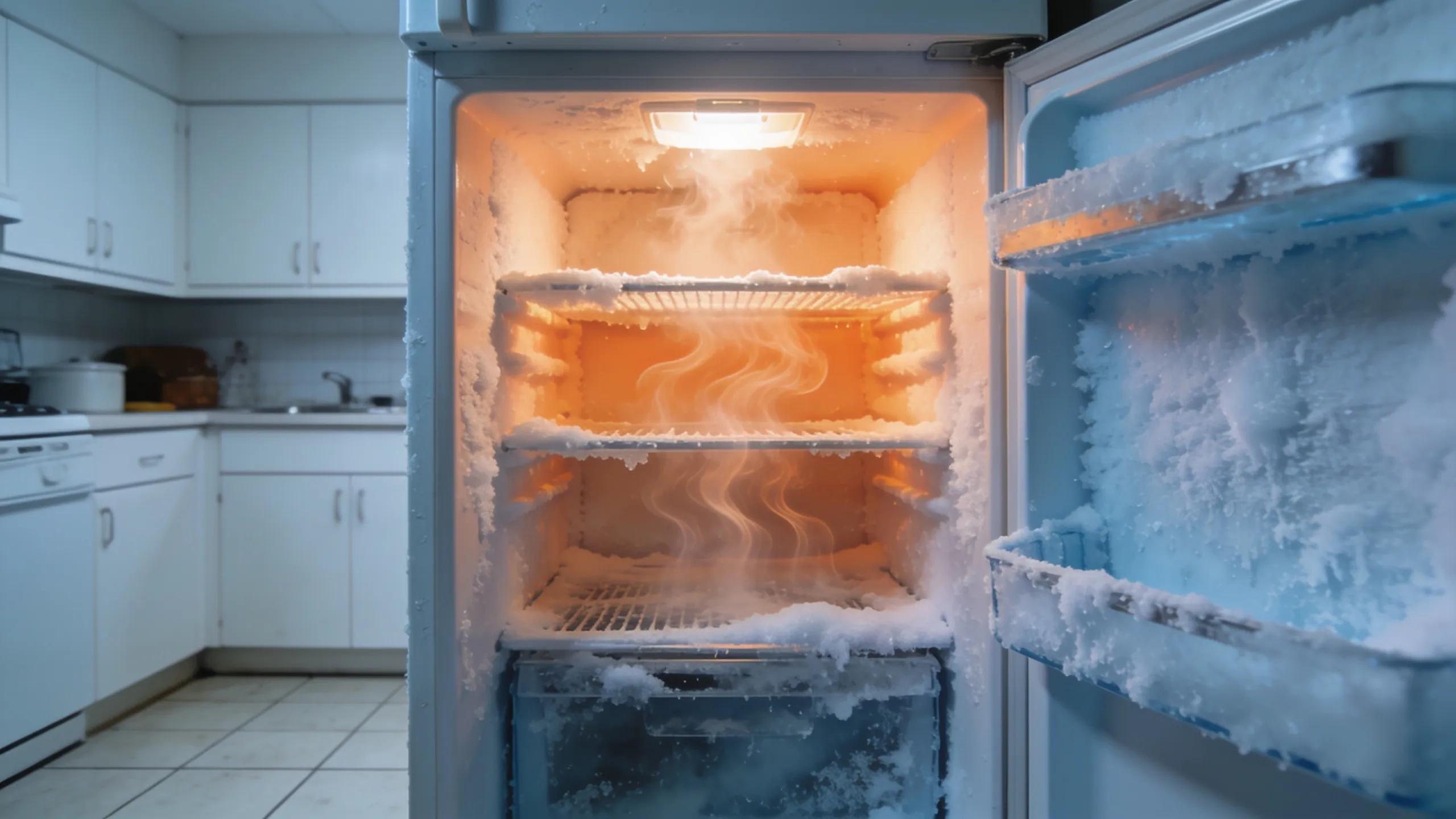 Refrigerator showing ice buildup and warm air escaping, indicating cooling failure