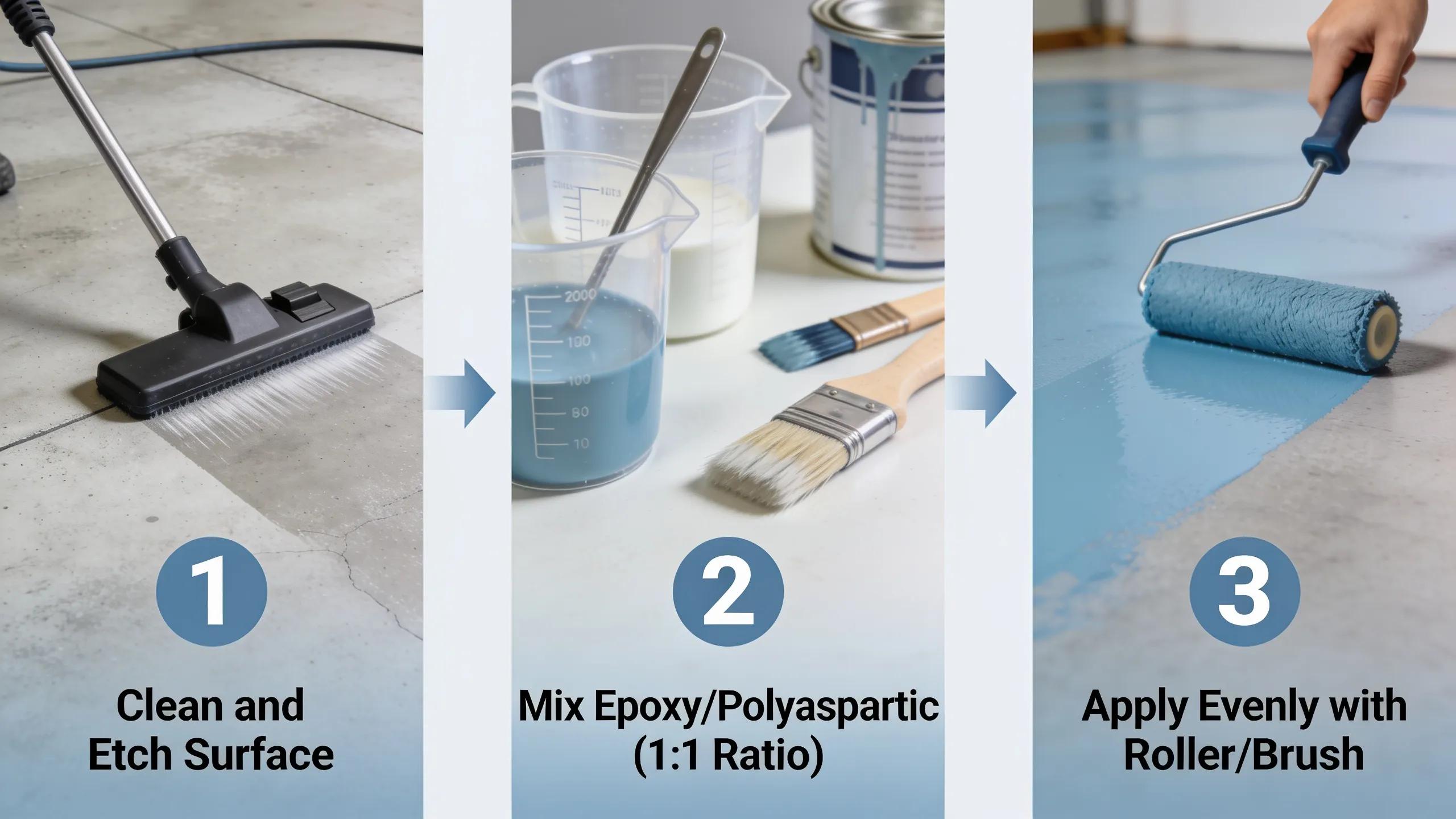 Step-by-step visual of garage floor coating installation process showcasing surface preparation, mixing, and application