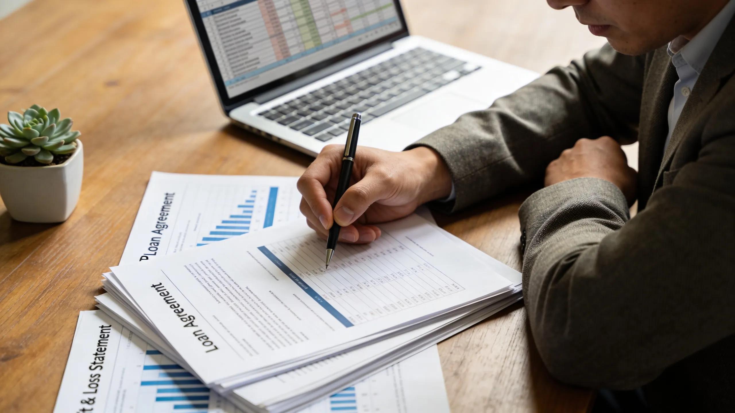 Small business owner reviewing loan options and financial documents to secure funding