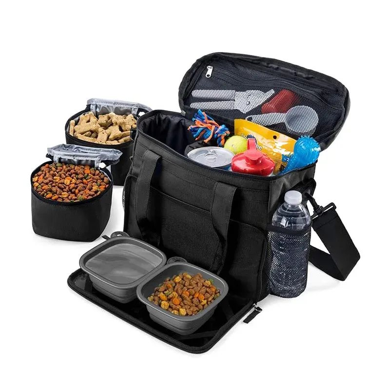 Essential dog travel items including food bowls, toys, and a blanket for calming during flights