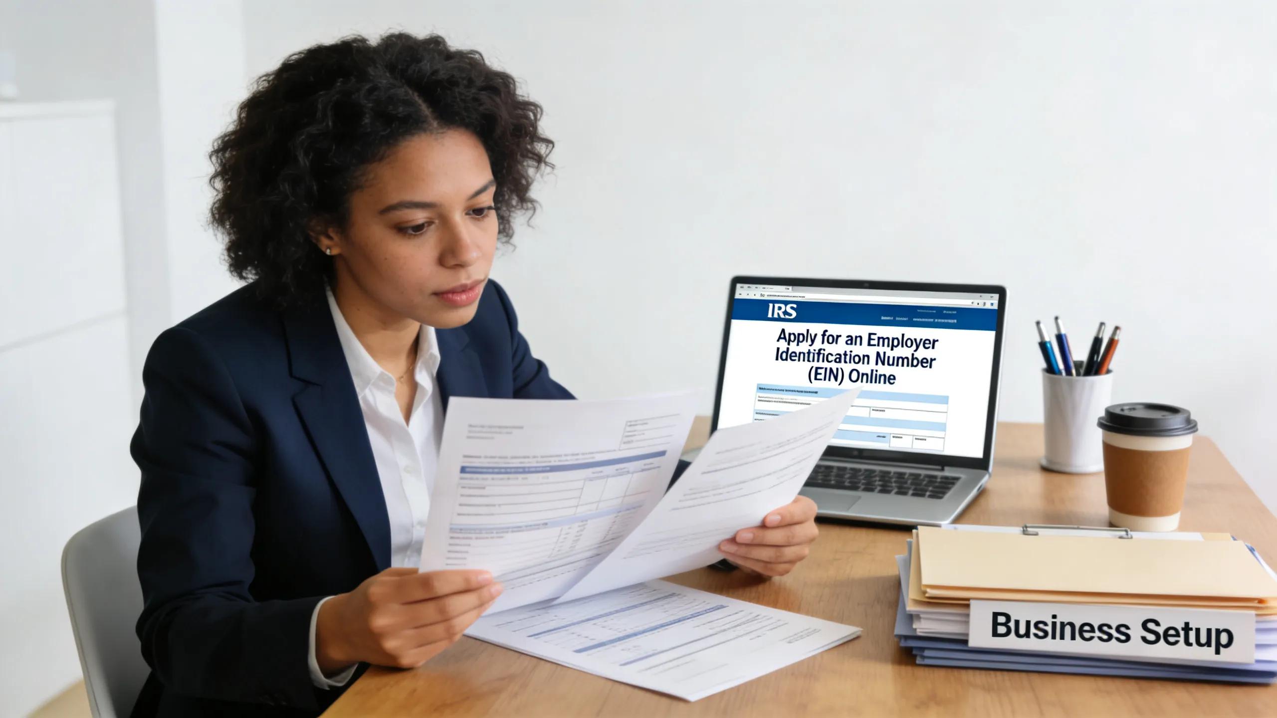 Business owner reviewing documents while registering an EIN online